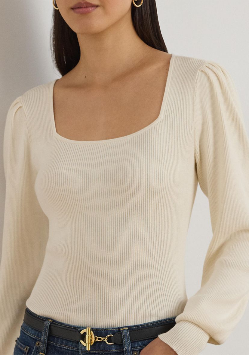 Womens Rib-Knit Puff-Sleeve Sweater