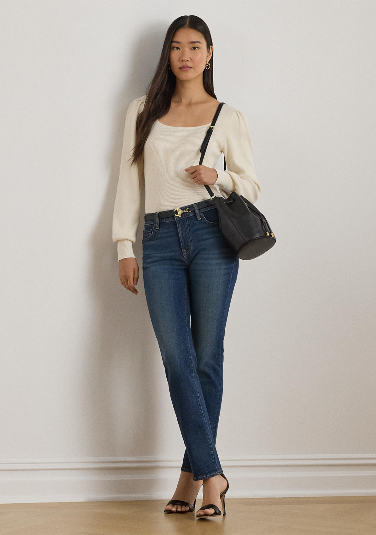 Womens Rib-Knit Puff-Sleeve Sweater