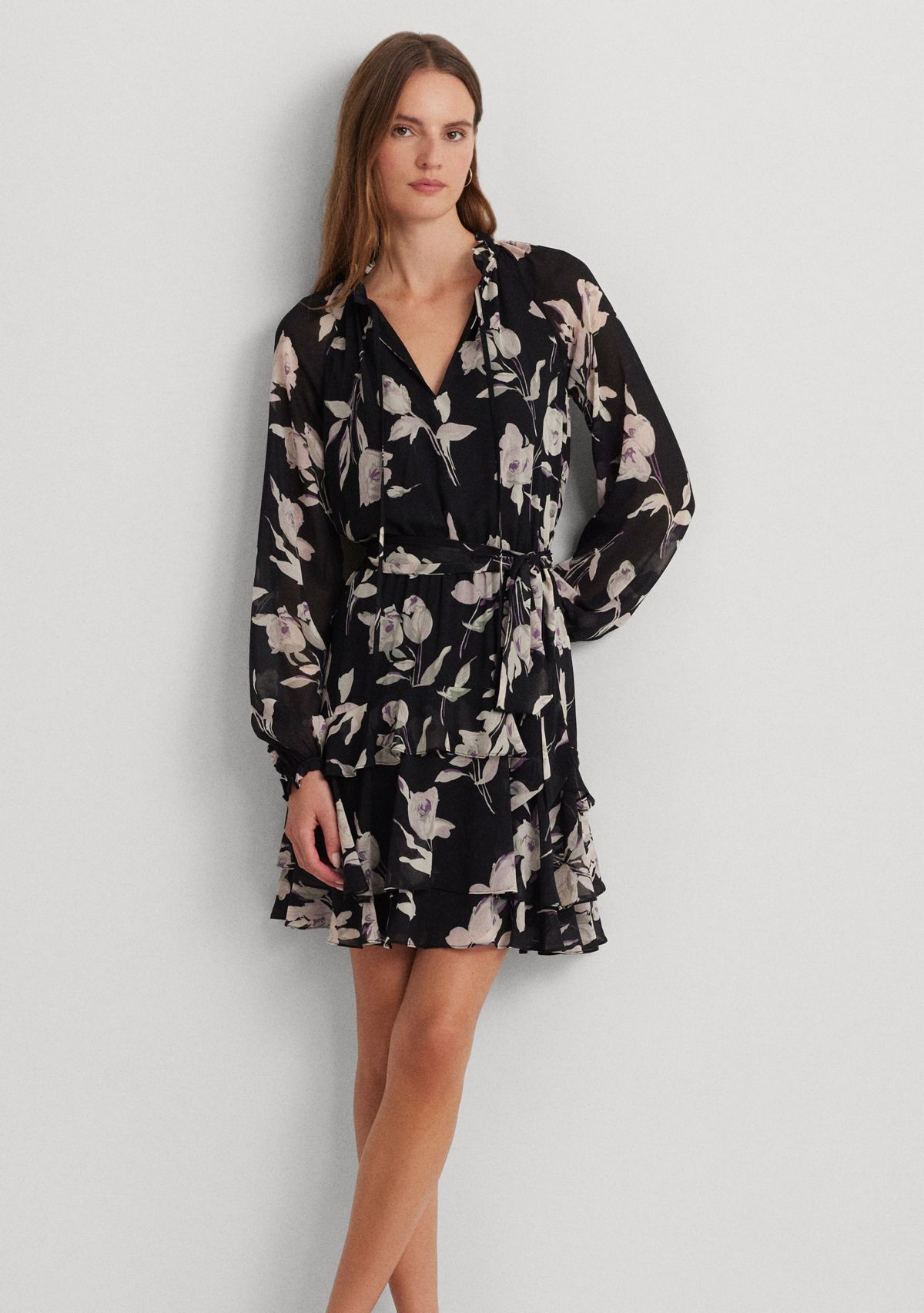 Floral Belted Crinkle Georgette Dress