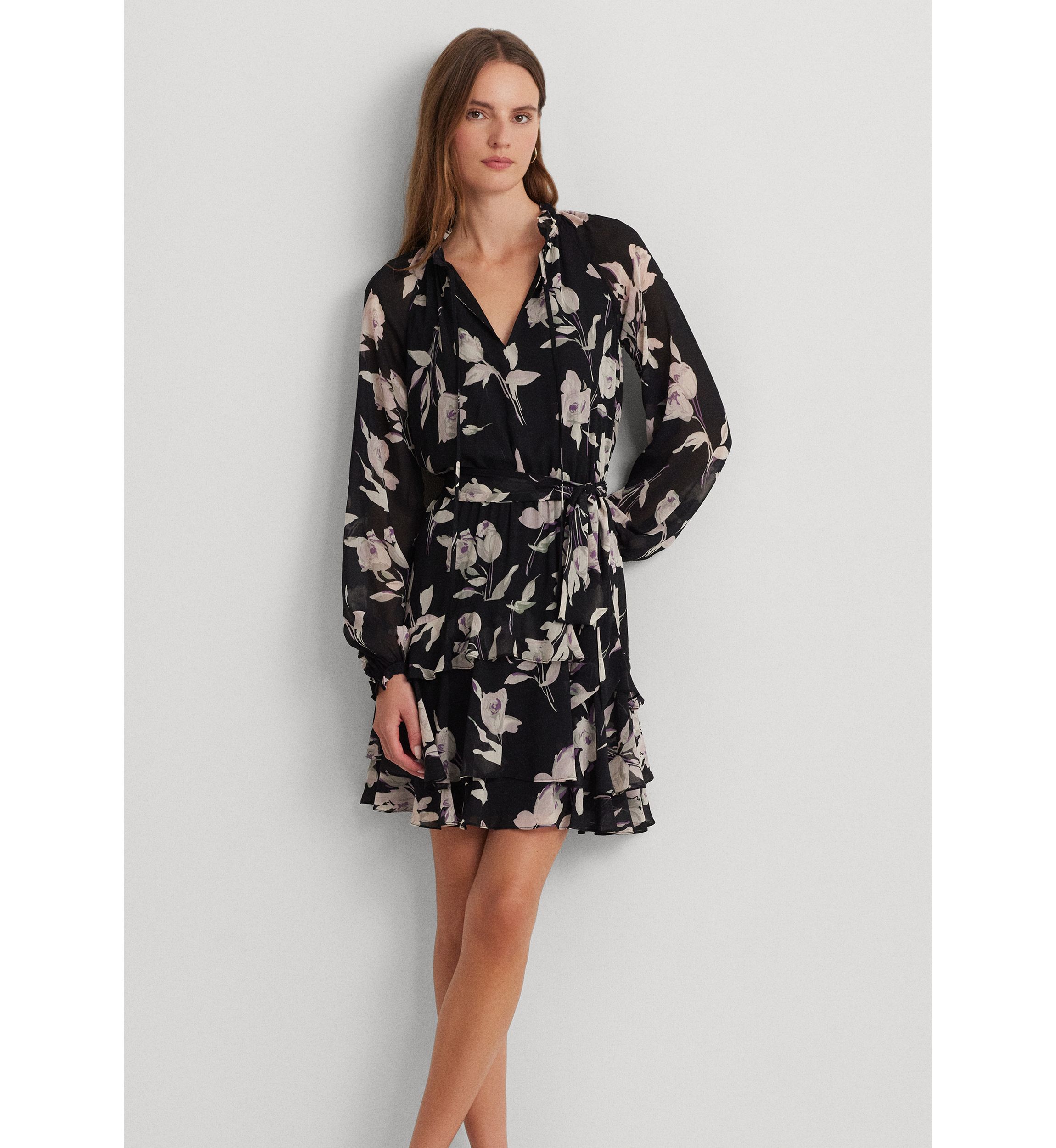 Floral Belted Crinkle Georgette Dress