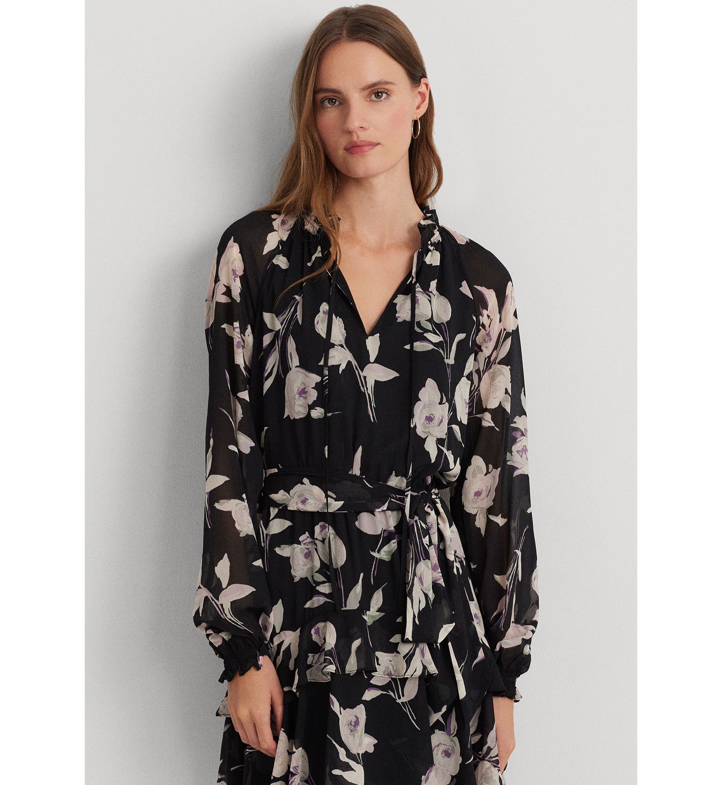 Floral Belted Crinkle Georgette Dress