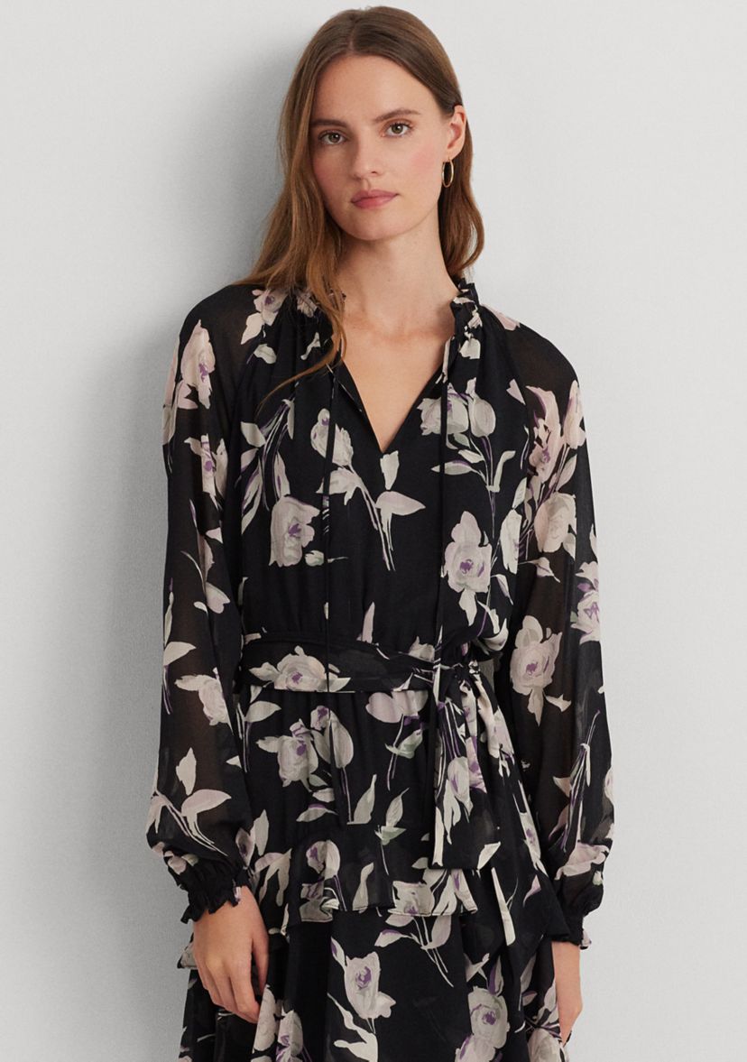 Floral Belted Crinkle Georgette Dress