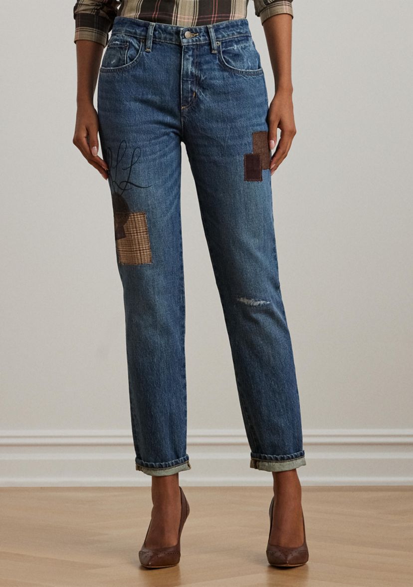 Womens Patchwork Boyfriend Tapered Ankle Jeans