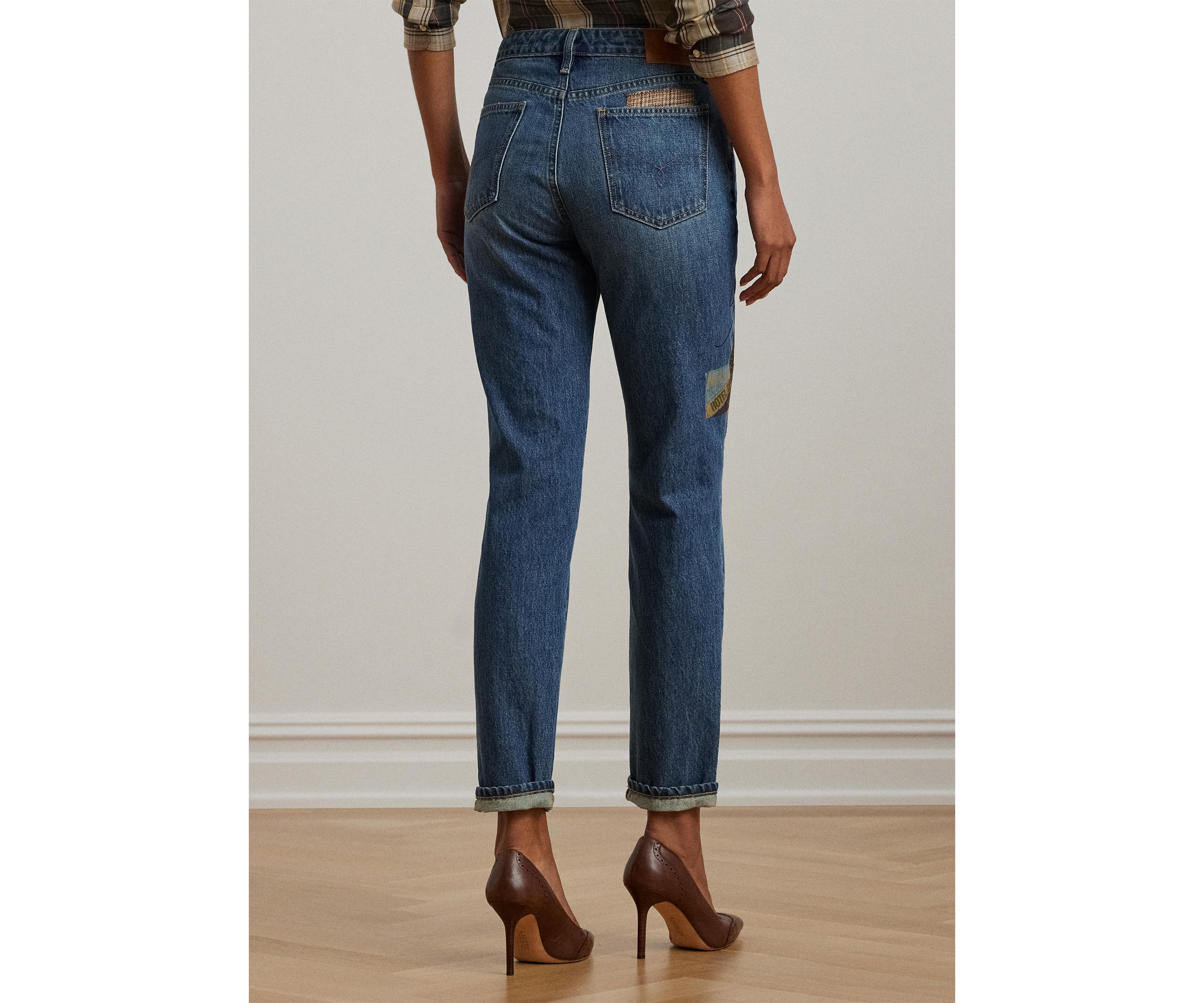 Womens Patchwork Boyfriend Tapered Ankle Jeans