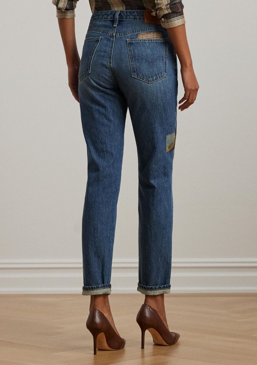 Womens Patchwork Boyfriend Tapered Ankle Jeans