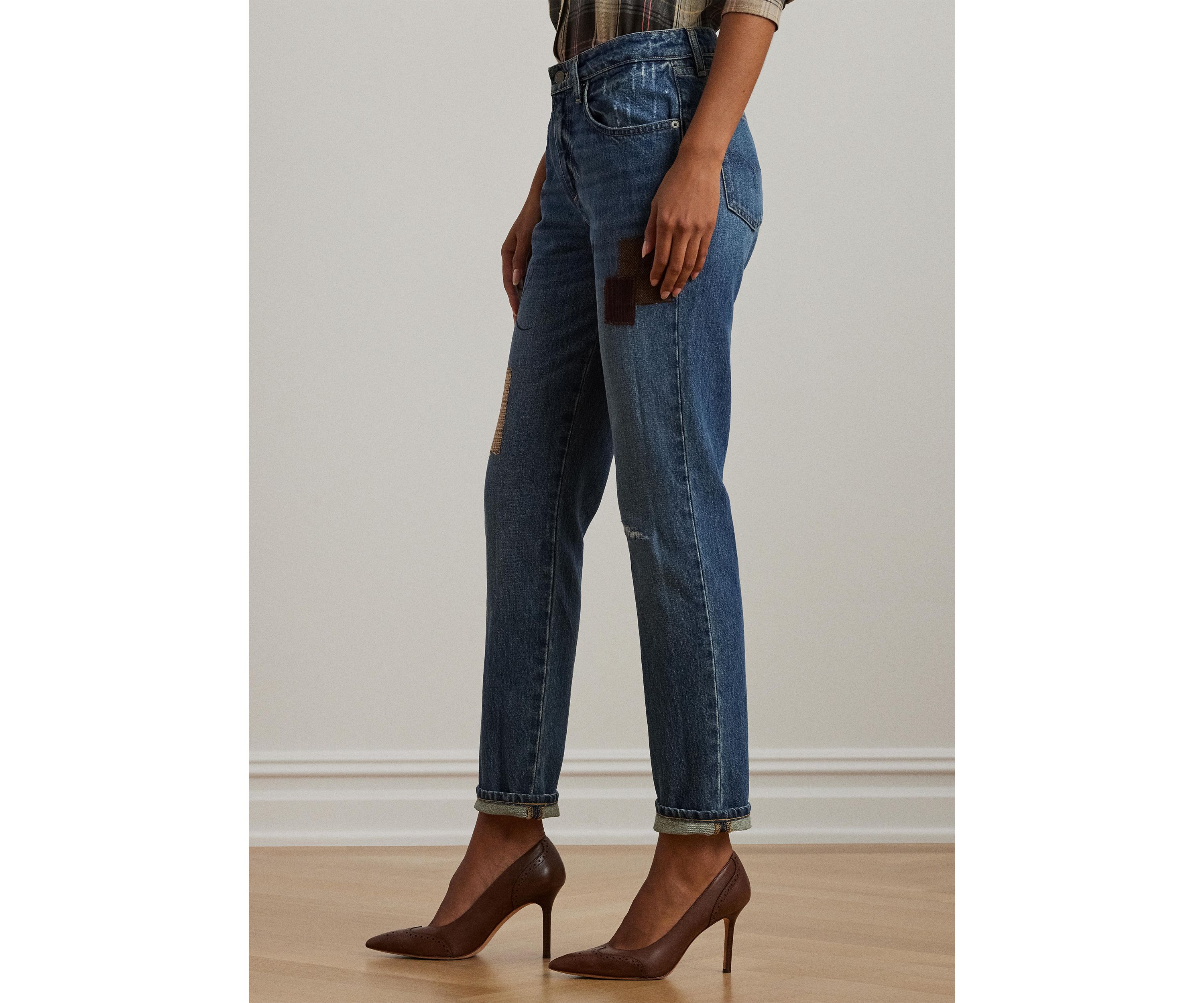 Womens Patchwork Boyfriend Tapered Ankle Jeans