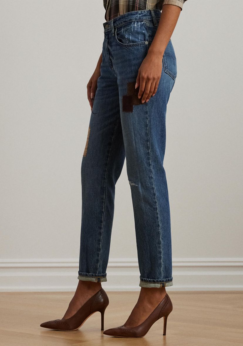 Womens Patchwork Boyfriend Tapered Ankle Jeans