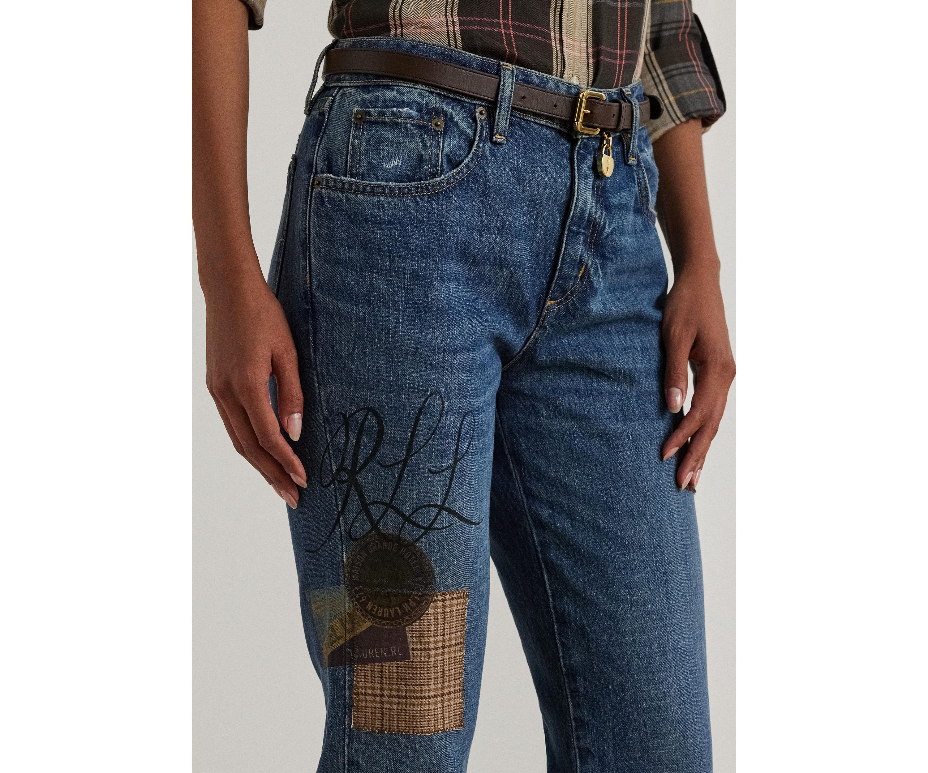 Womens Patchwork Boyfriend Tapered Ankle Jeans