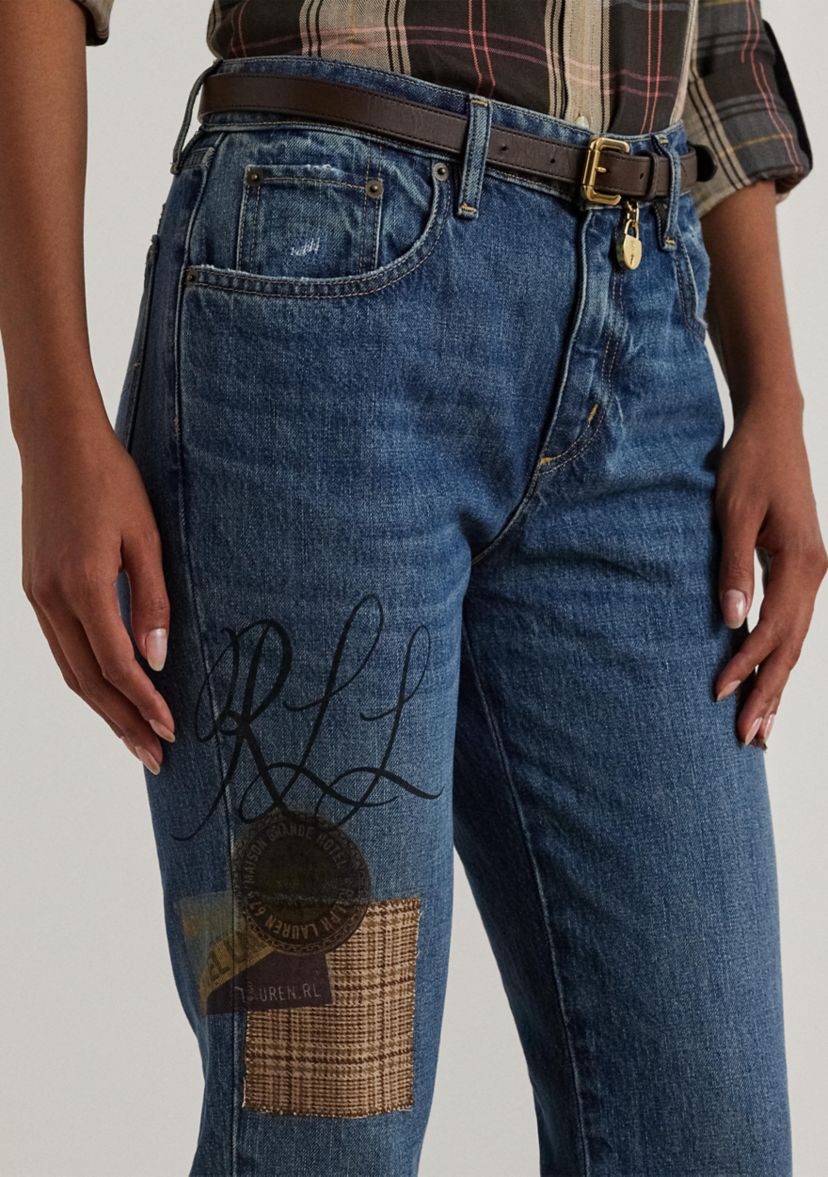 Womens Patchwork Boyfriend Tapered Ankle Jeans