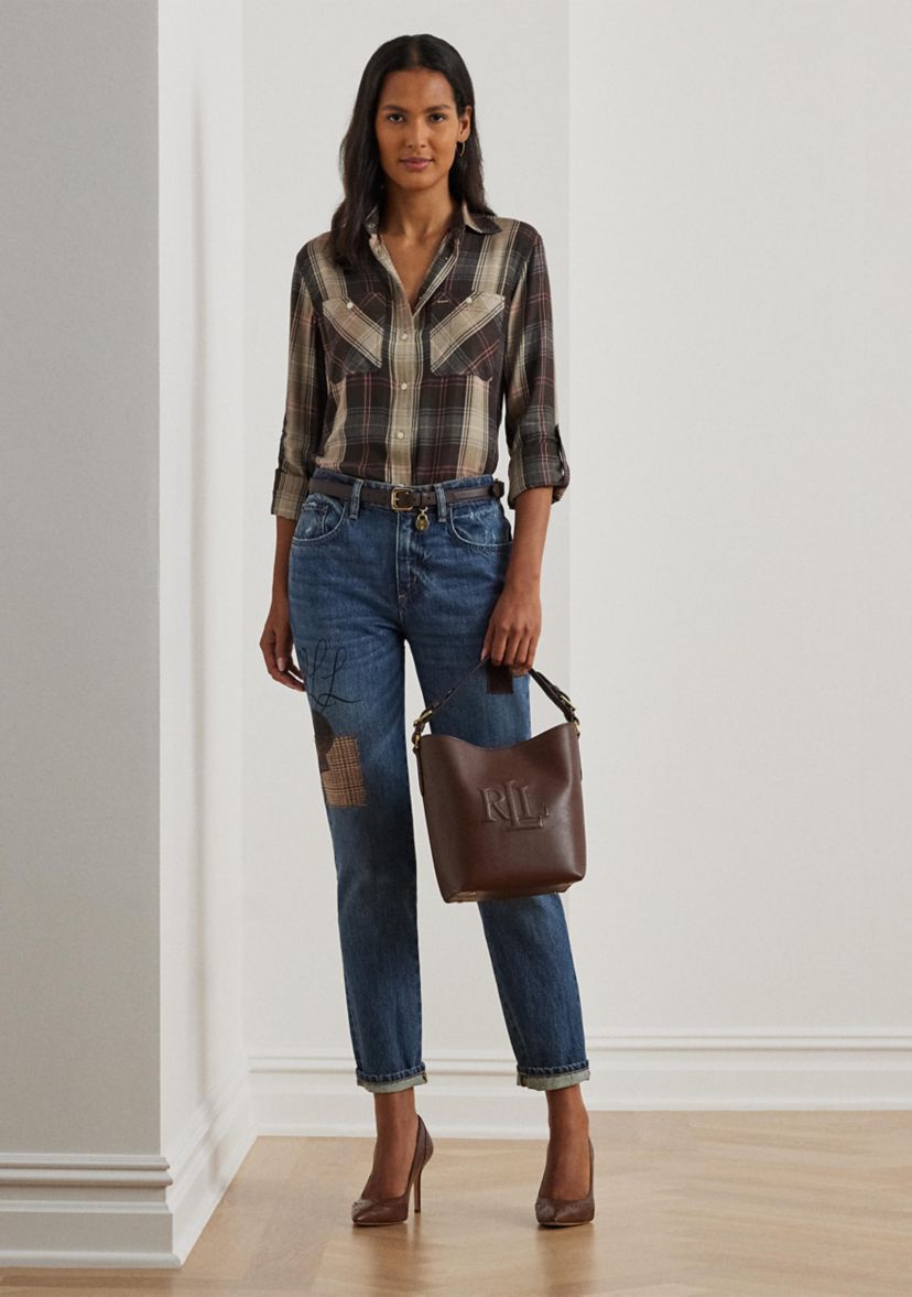 Womens Patchwork Boyfriend Tapered Ankle Jeans