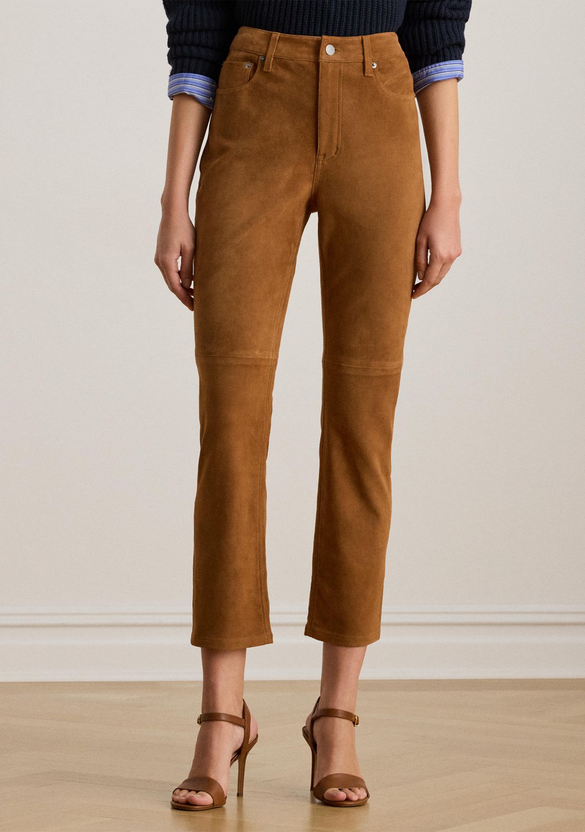 Womens High-Rise Goat-Suede Straight Ankle Pants