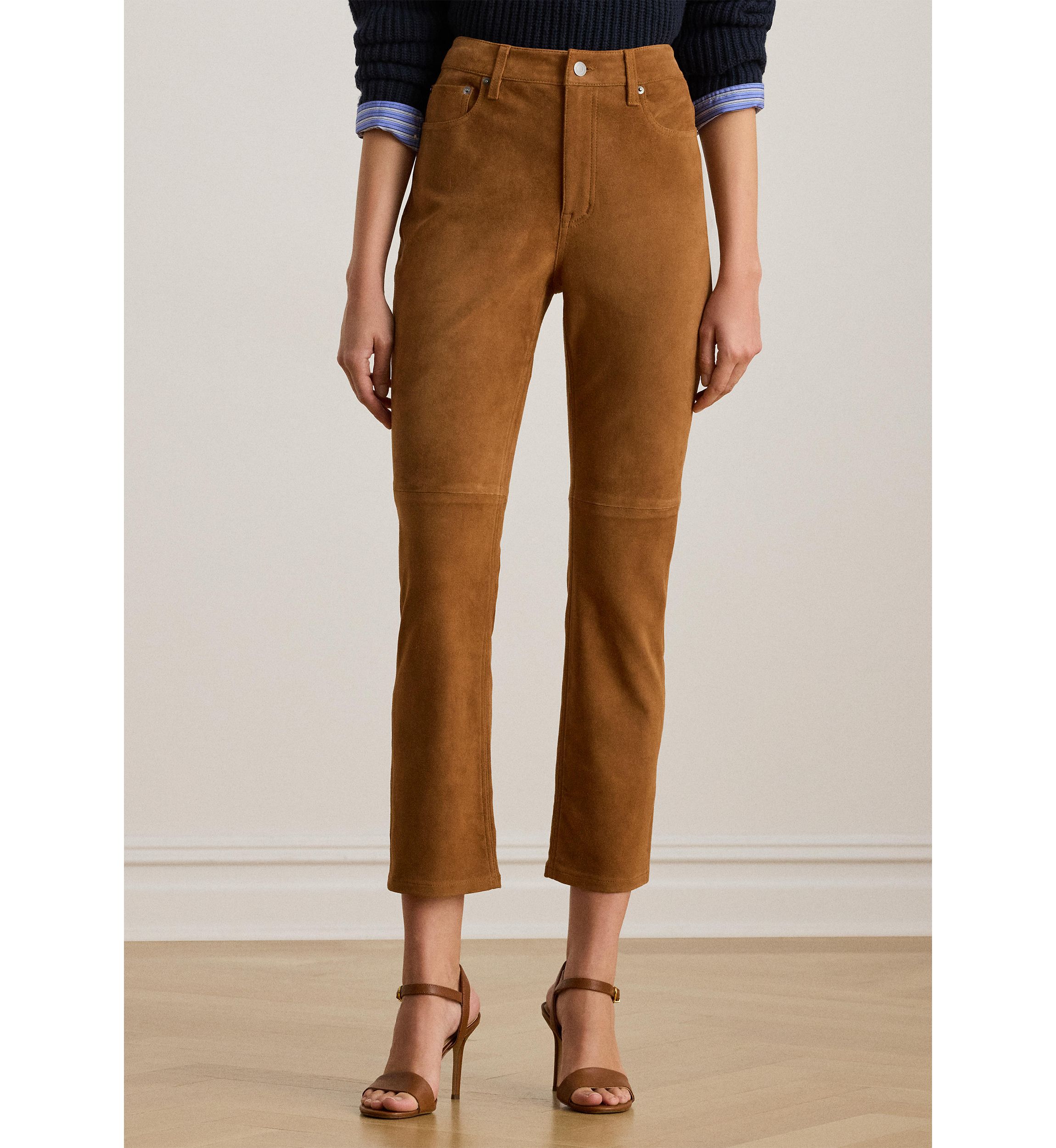 Womens High-Rise Goat-Suede Straight Ankle Pants