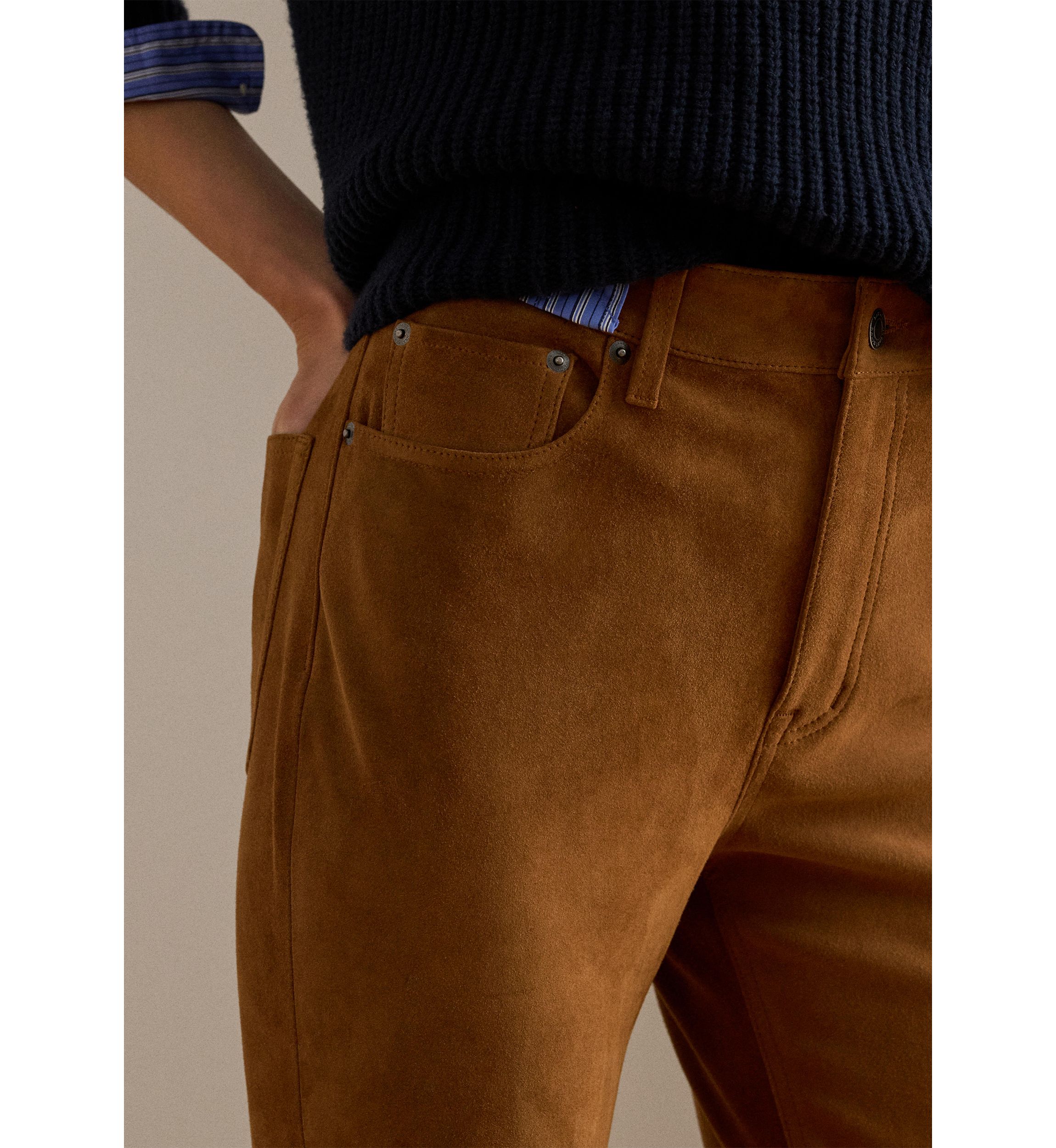 Womens High-Rise Goat-Suede Straight Ankle Pants