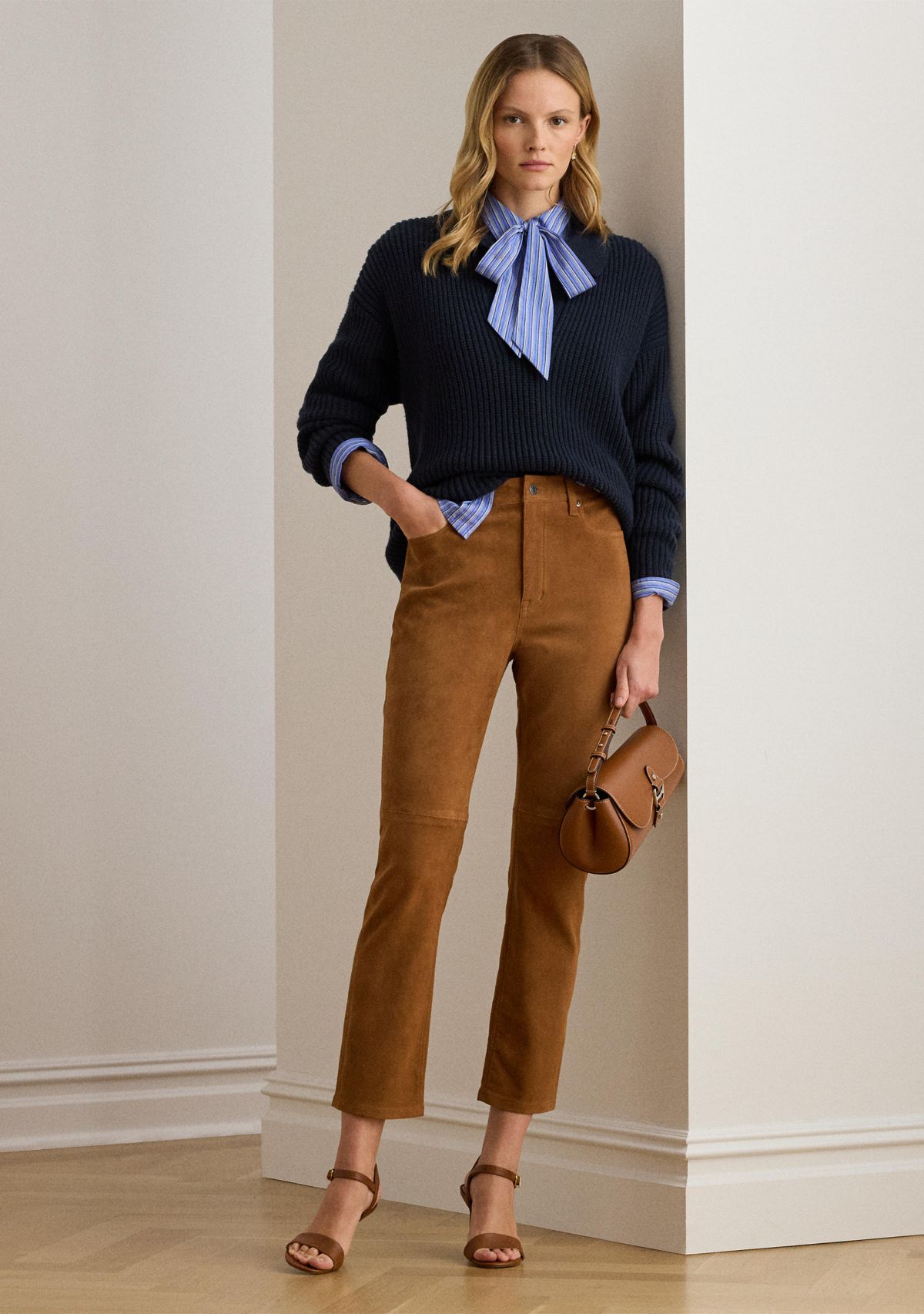 Womens High-Rise Goat-Suede Straight Ankle Pants