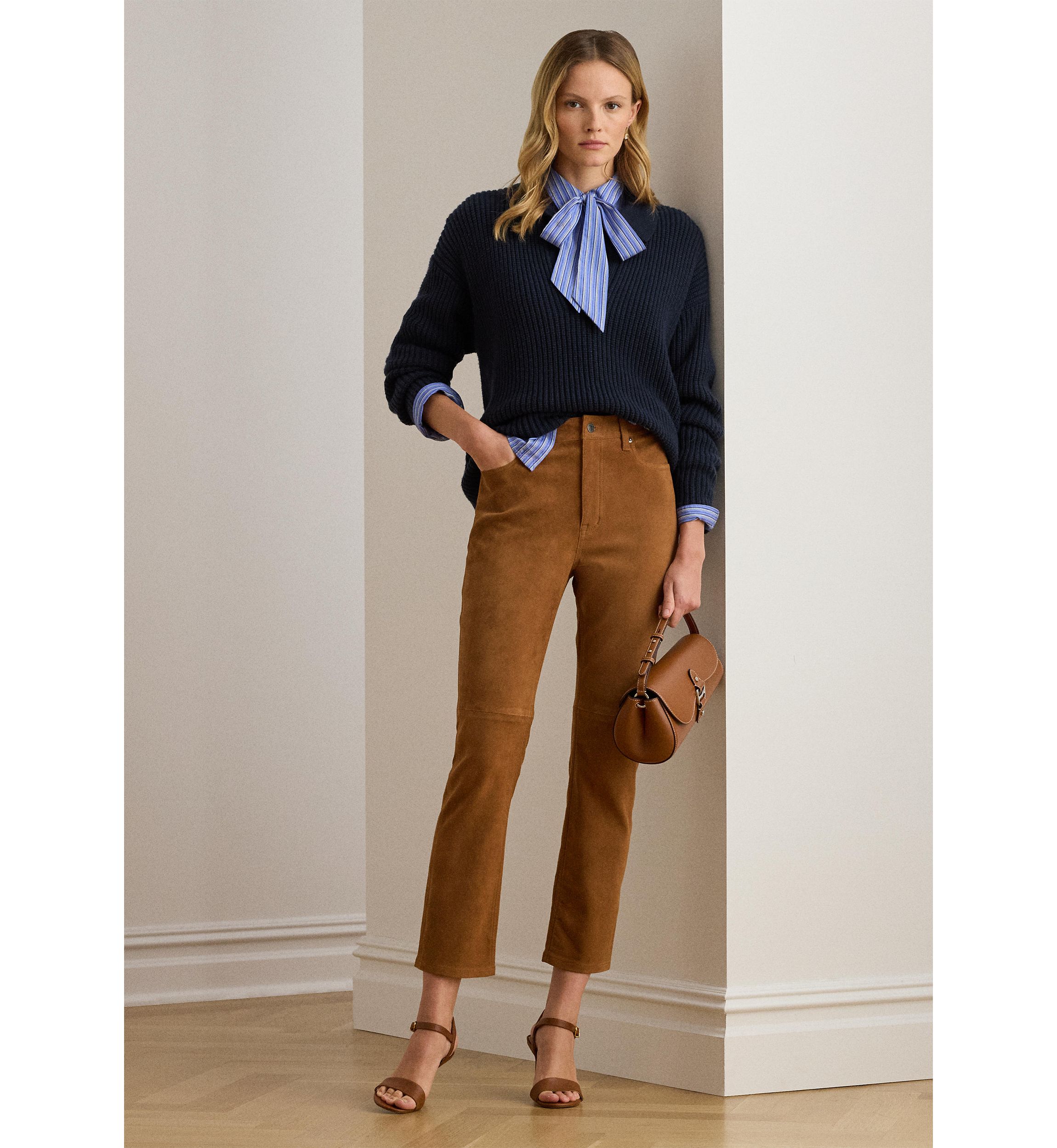 Womens High-Rise Goat-Suede Straight Ankle Pants