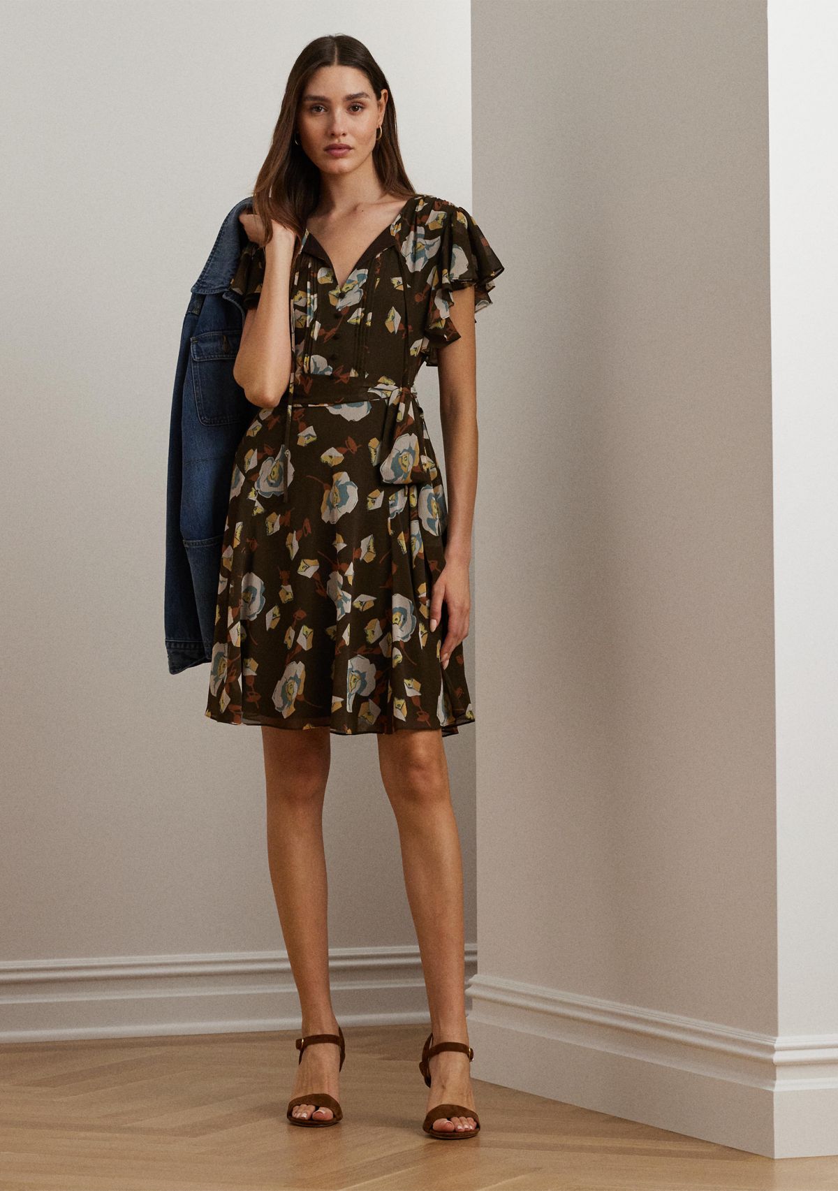 Floral Georgette Flutter-Sleeve Dress