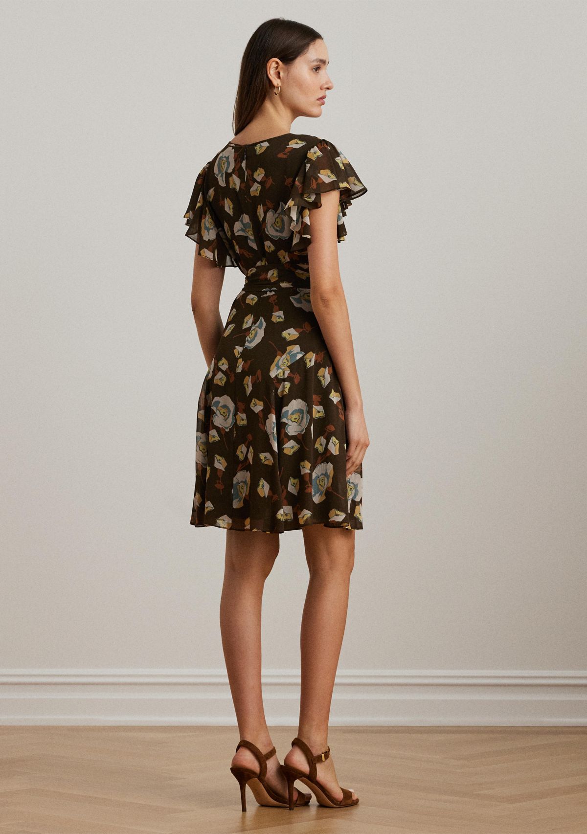 Floral Georgette Flutter-Sleeve Dress