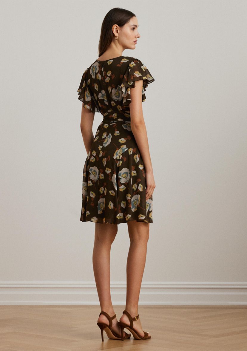 Floral Georgette Flutter-Sleeve Dress