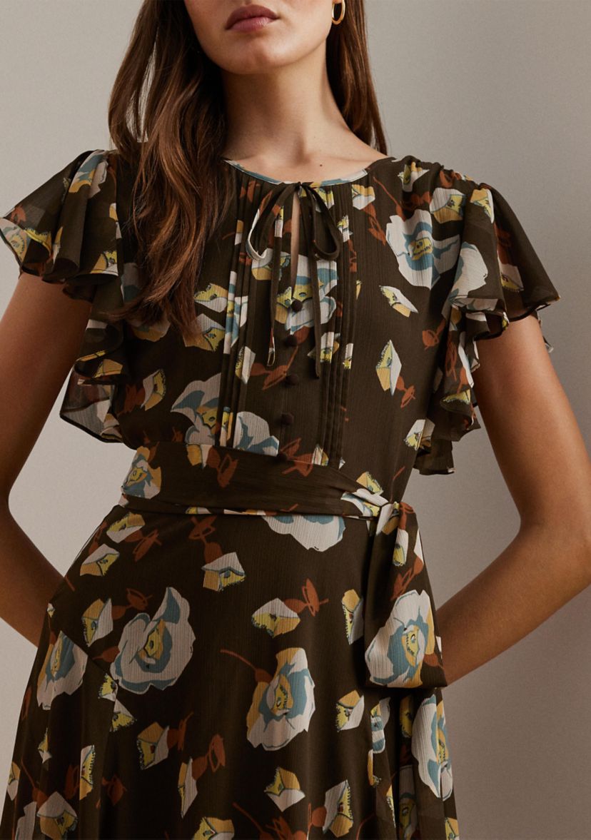 Floral Georgette Flutter-Sleeve Dress