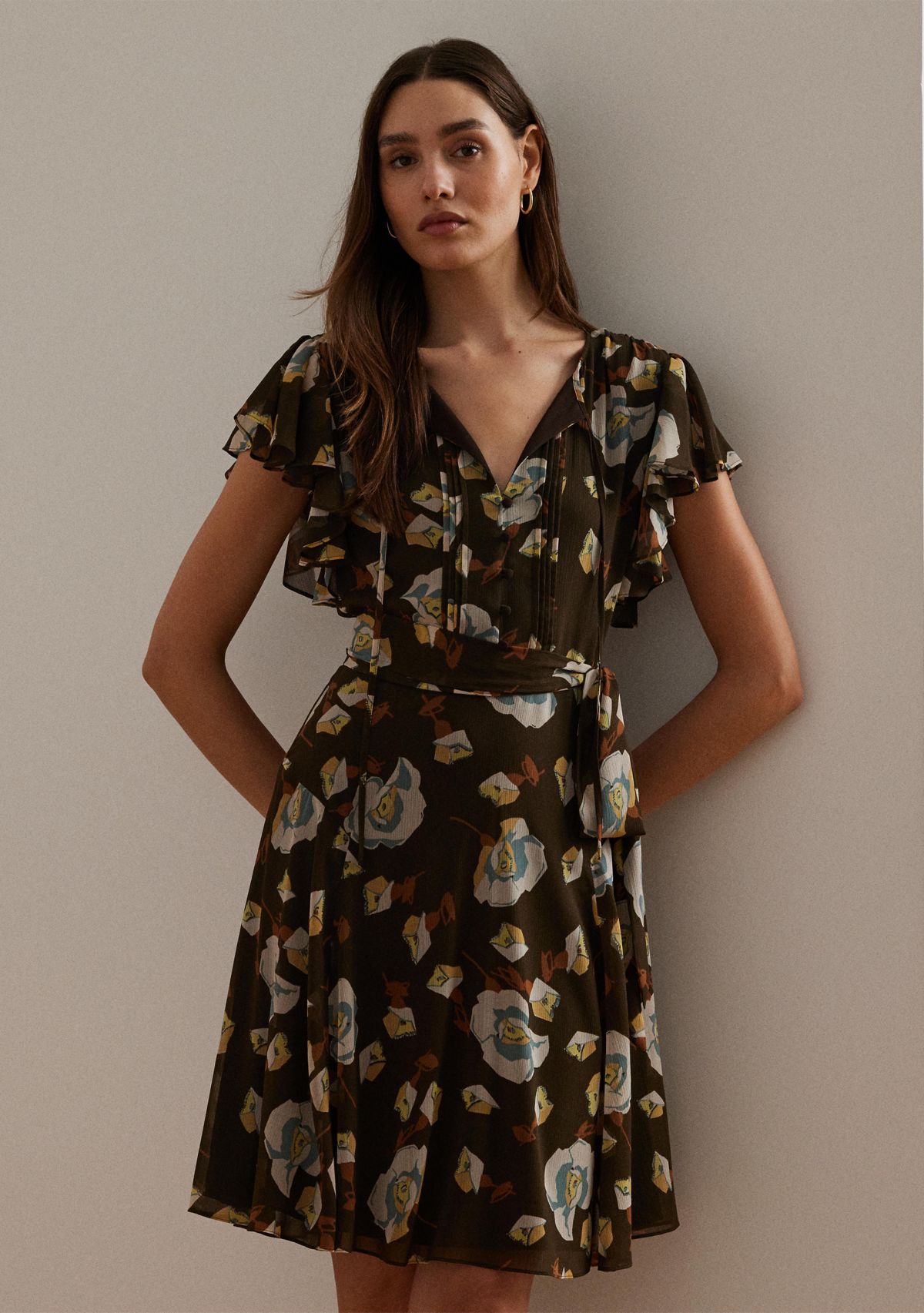 Floral Georgette Flutter-Sleeve Dress