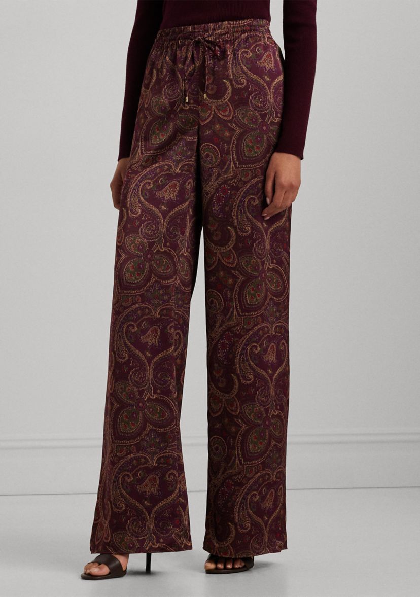 Womens Paisley Satin Charmeuse Wide-Leg Pants