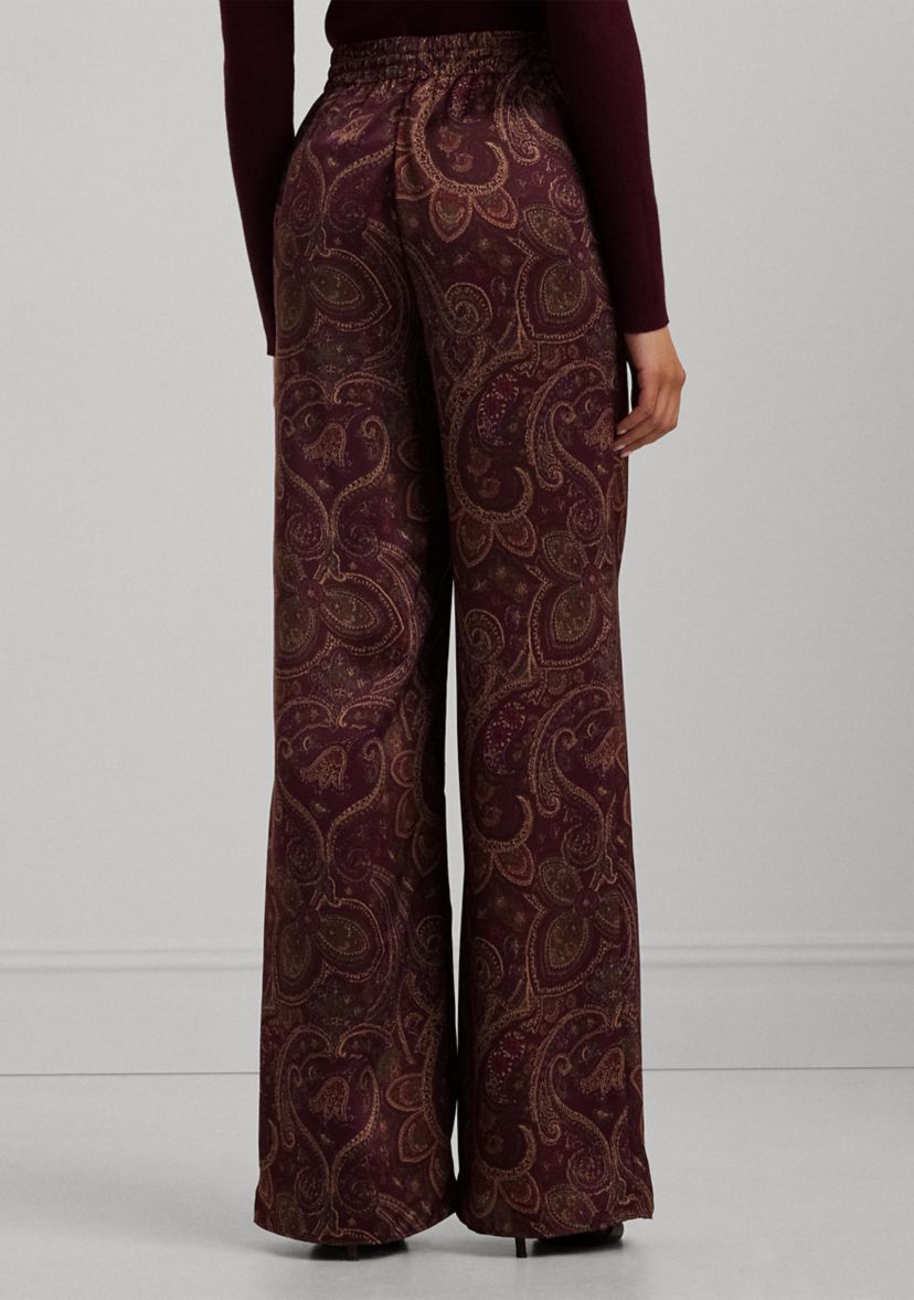 Womens Paisley Satin Charmeuse Wide-Leg Pants