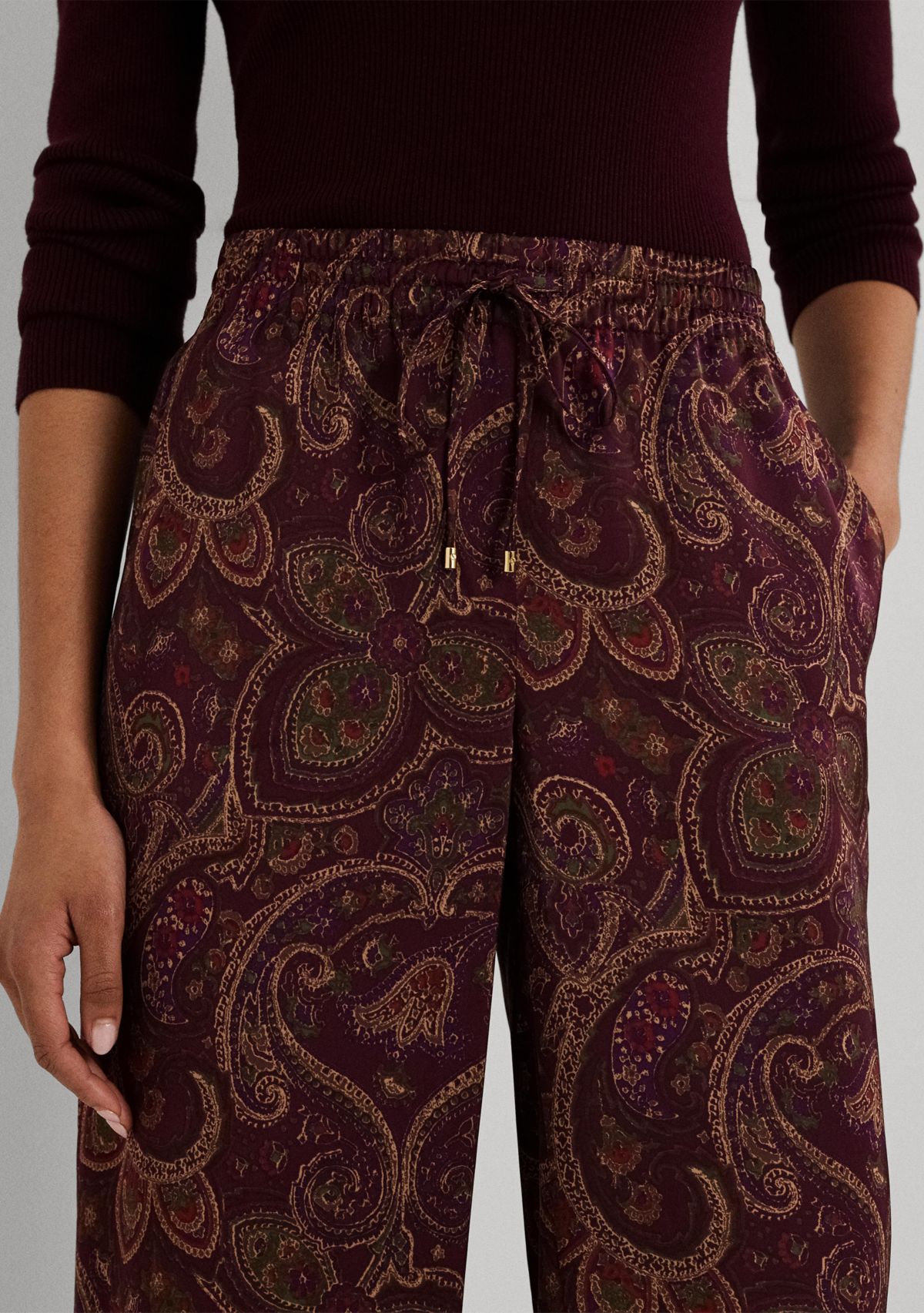 Womens Paisley Satin Charmeuse Wide-Leg Pants