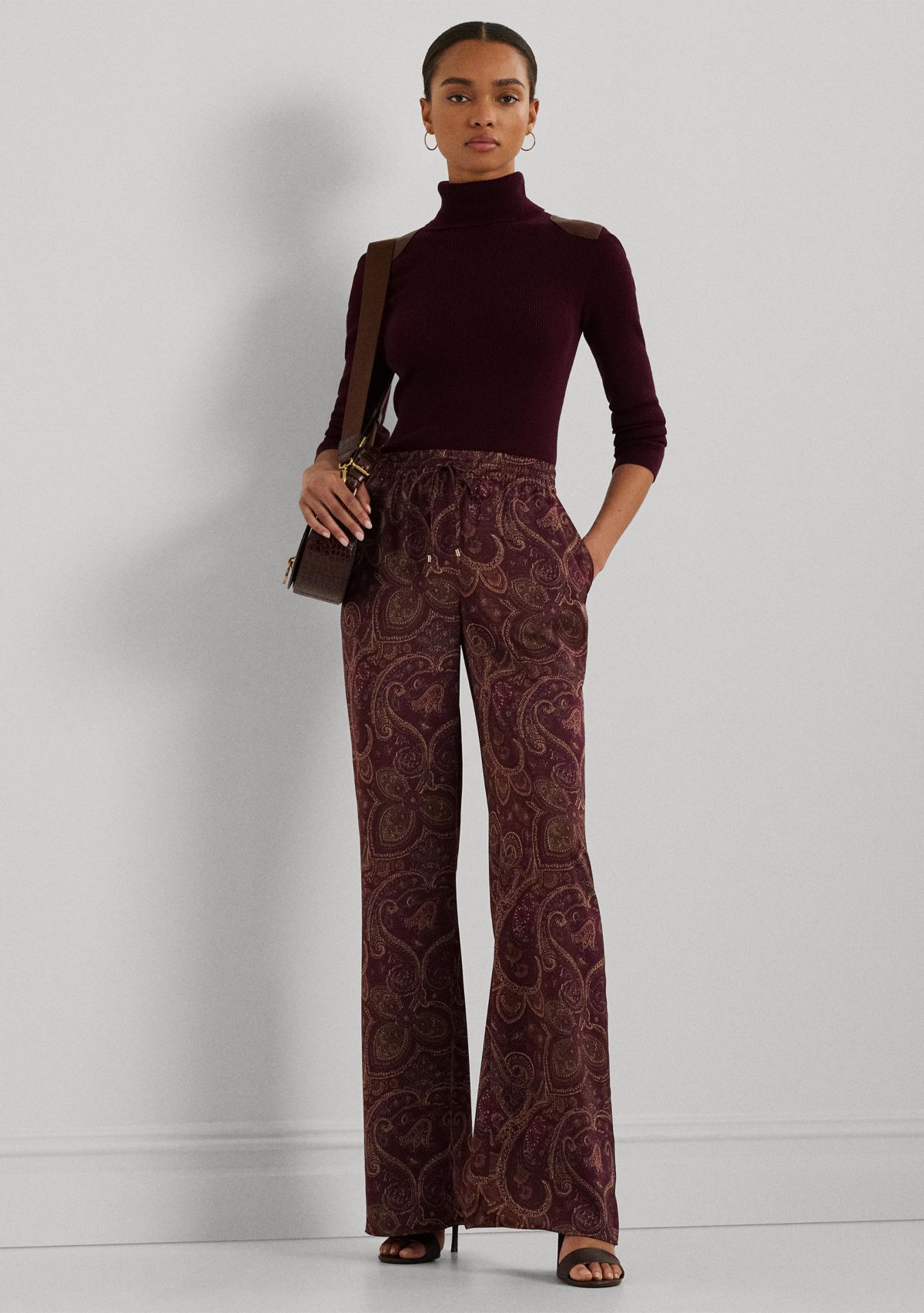 Womens Paisley Satin Charmeuse Wide-Leg Pants