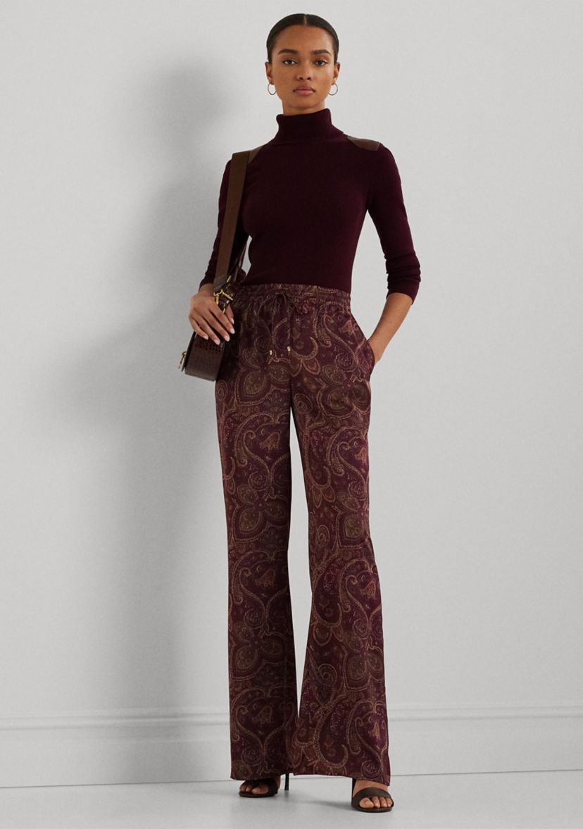 Womens Paisley Satin Charmeuse Wide-Leg Pants
