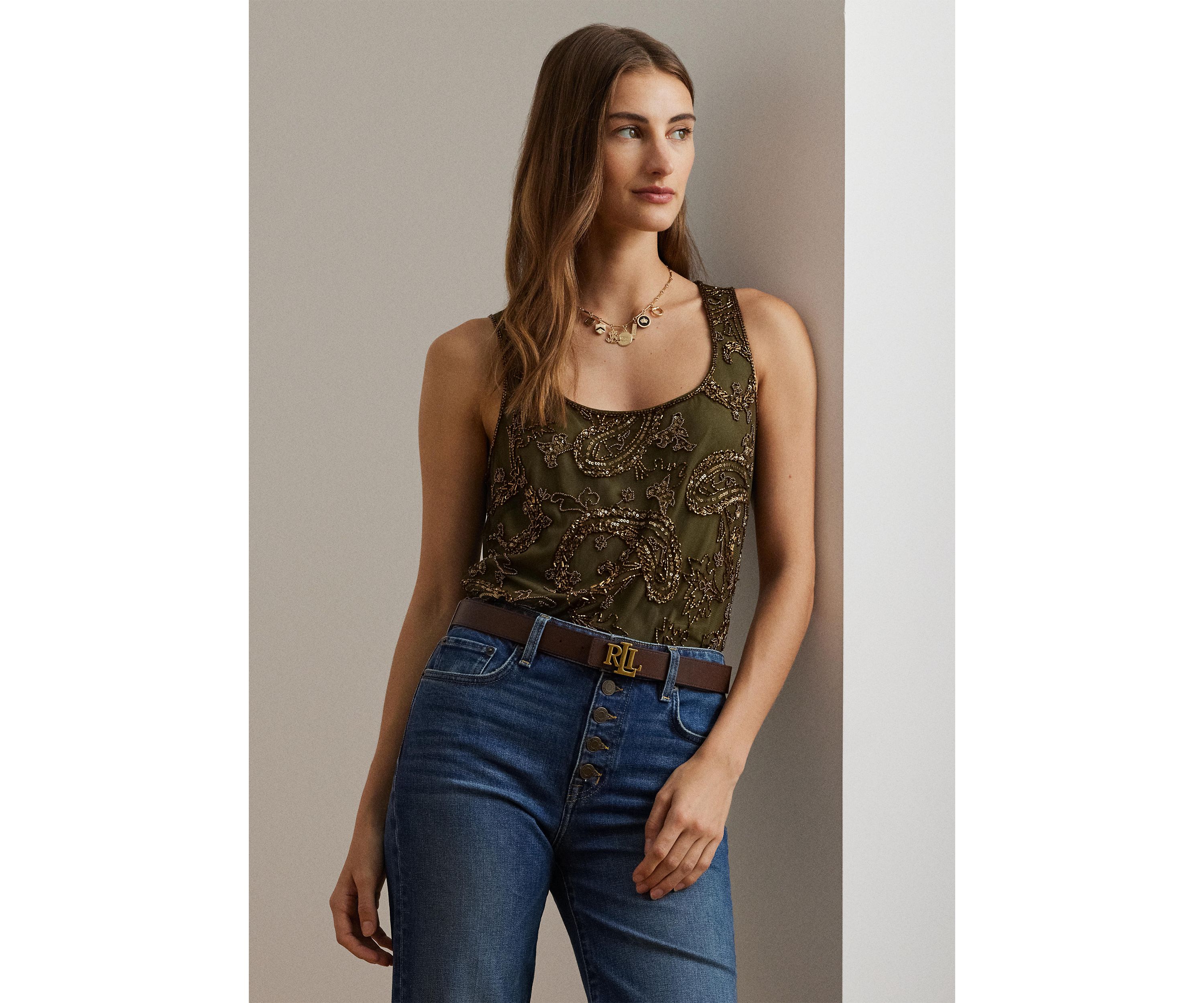 Womens Paisley Sequined Mesh Sleeveless Top