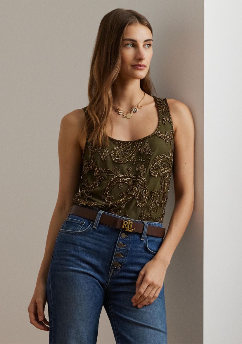Womens Paisley Sequined Mesh Sleeveless Top