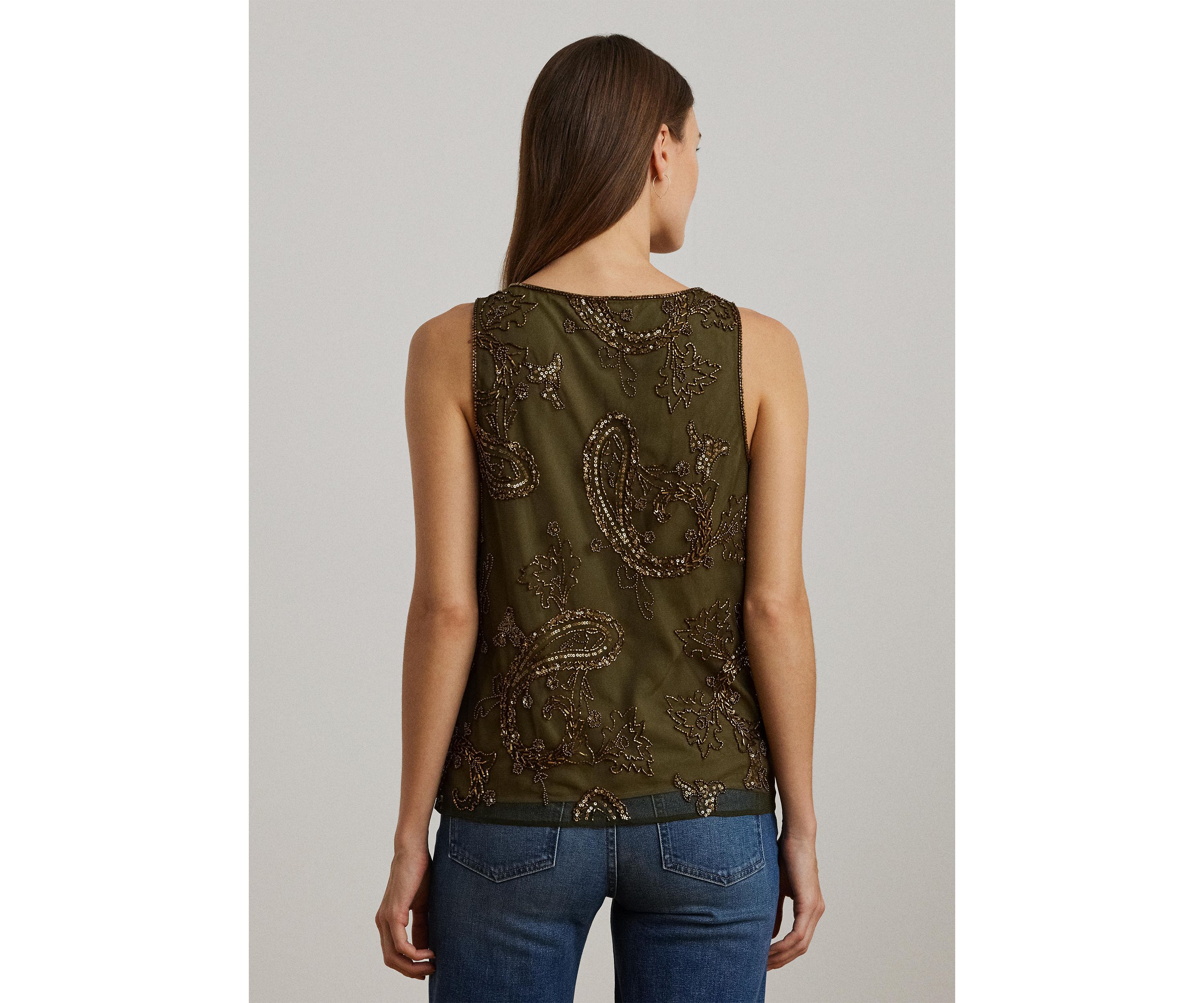 Womens Paisley Sequined Mesh Sleeveless Top