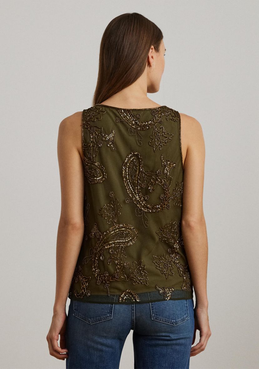 Womens Paisley Sequined Mesh Sleeveless Top