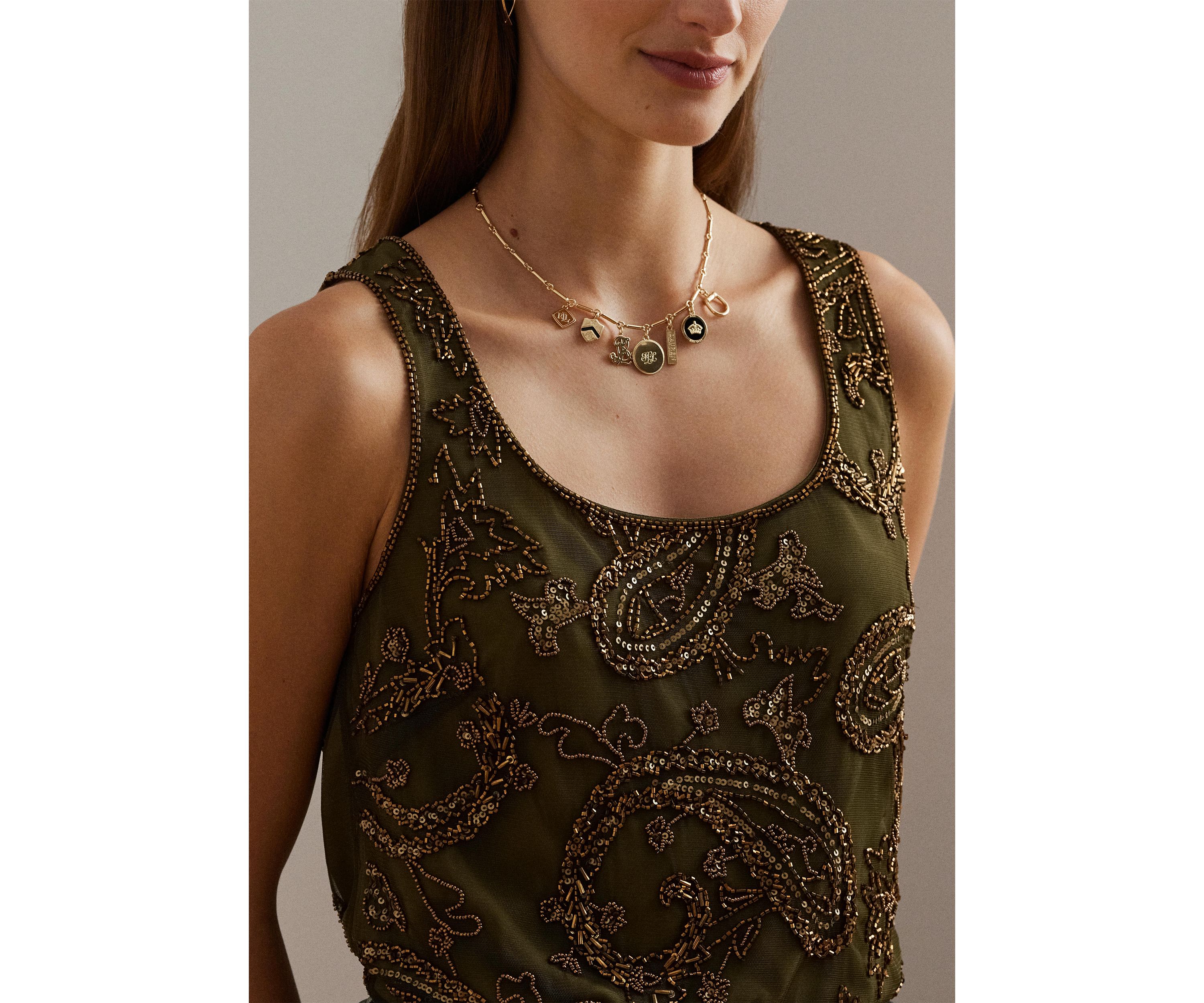 Womens Paisley Sequined Mesh Sleeveless Top