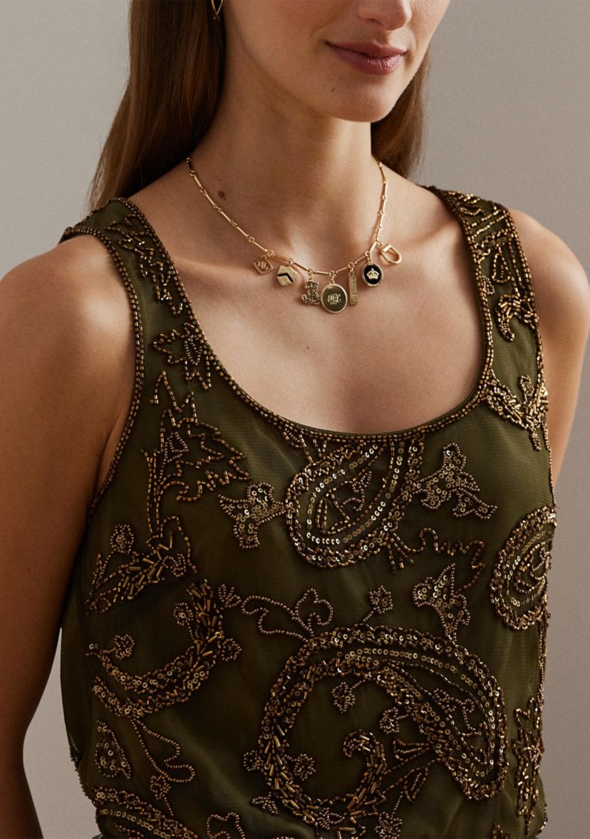 Womens Paisley Sequined Mesh Sleeveless Top