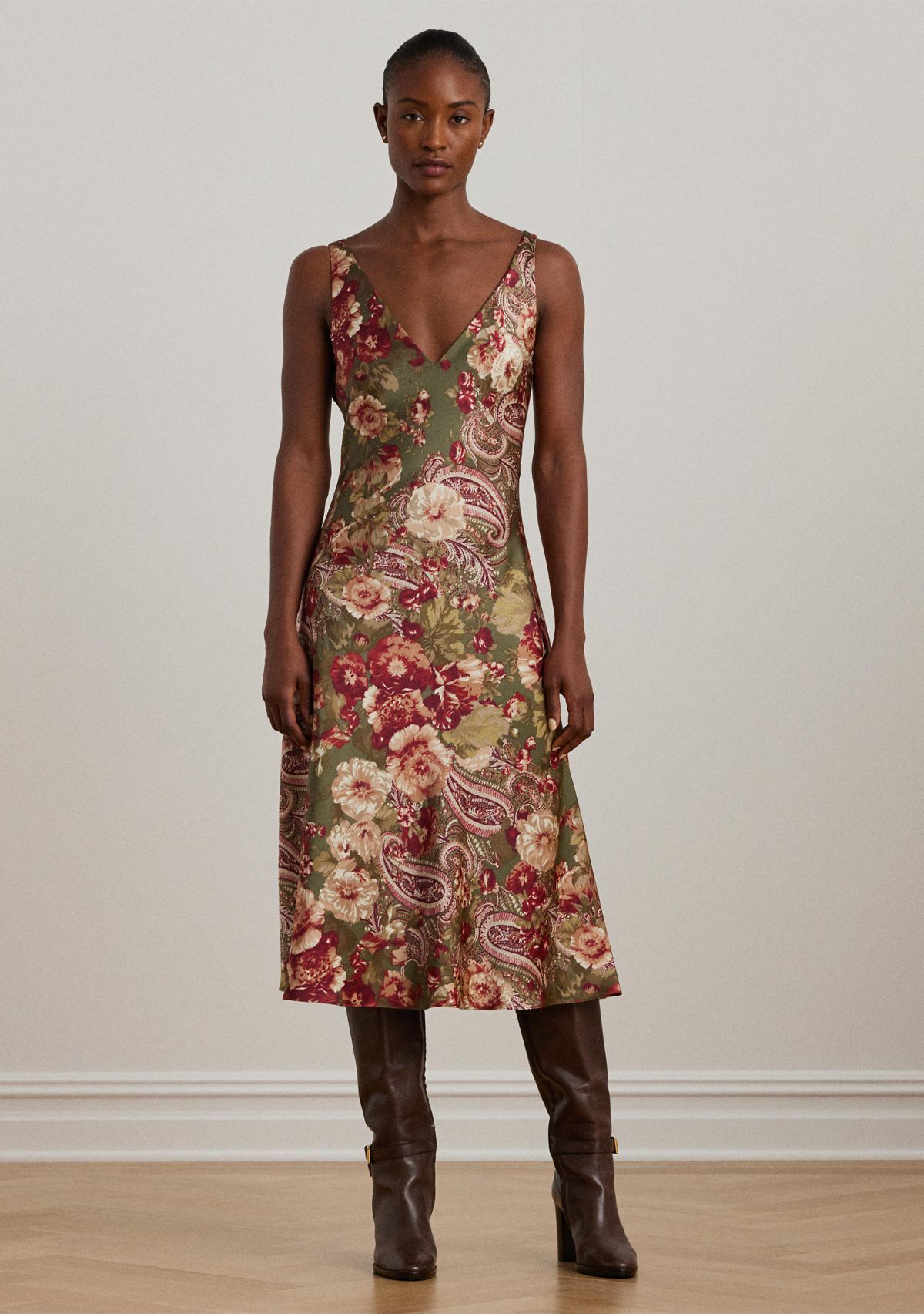 Floral Satin Charmeuse Sleeveless Dress