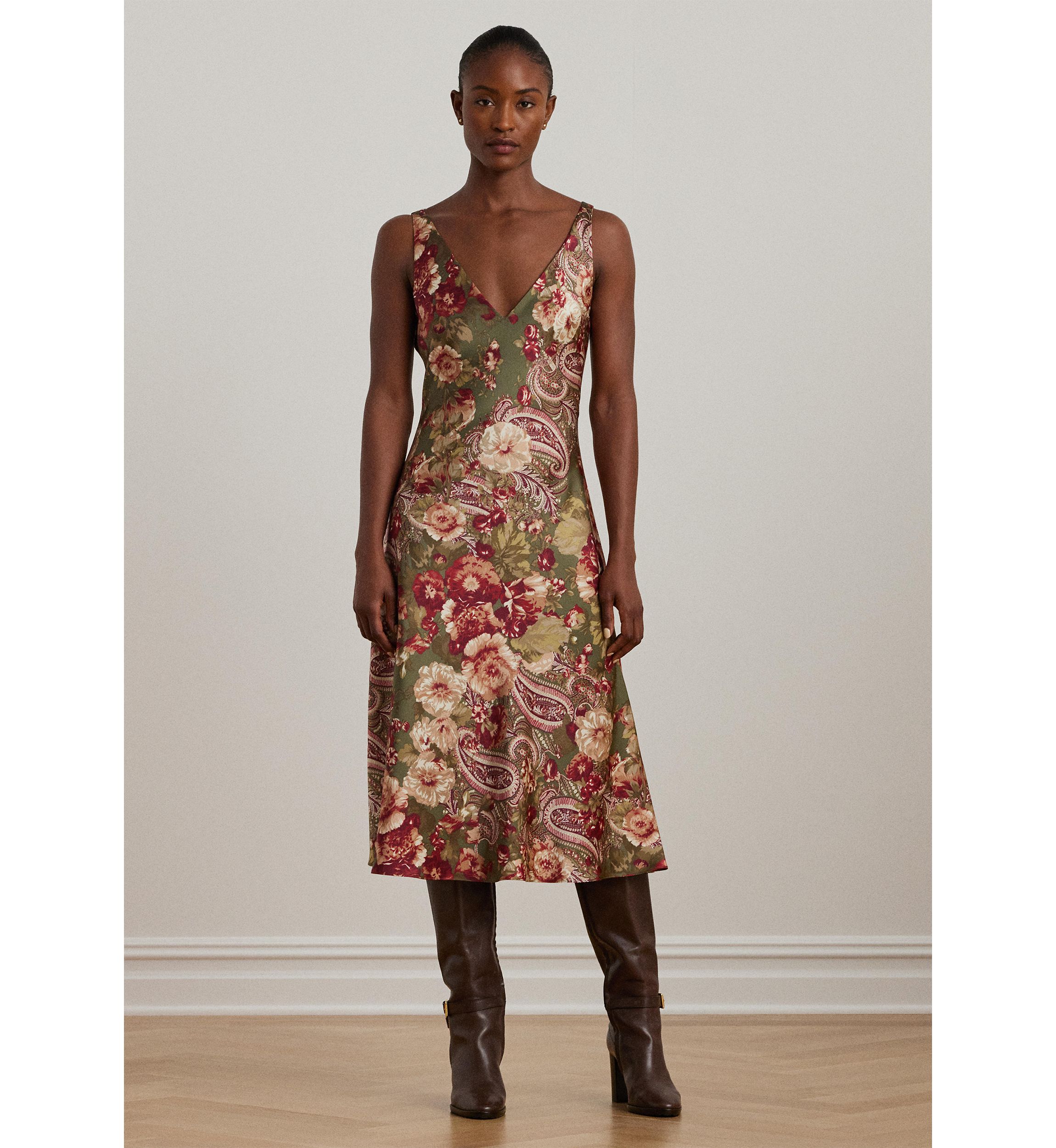 Floral Satin Charmeuse Sleeveless Dress