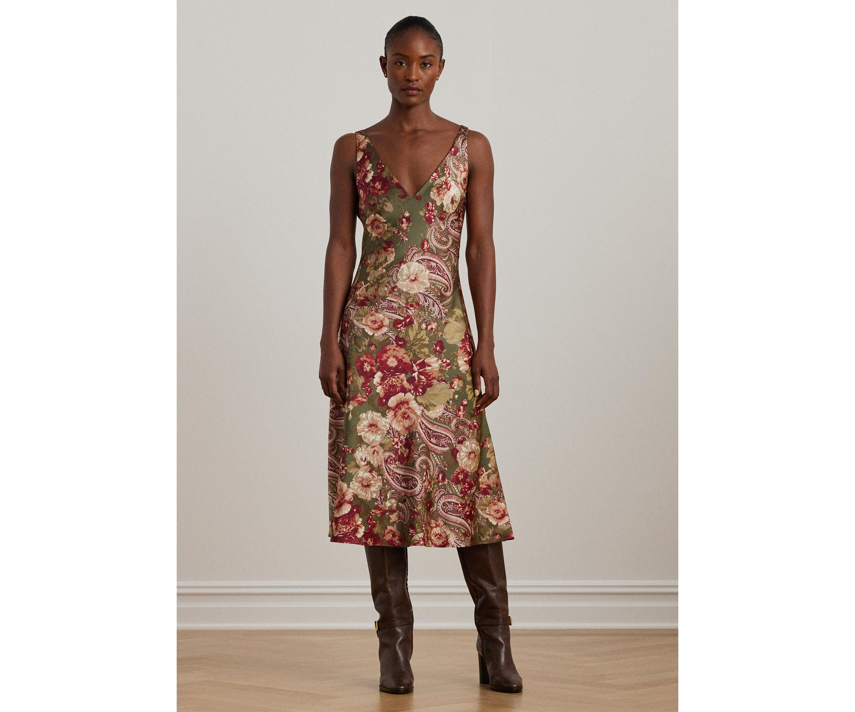 Floral Satin Charmeuse Sleeveless Dress