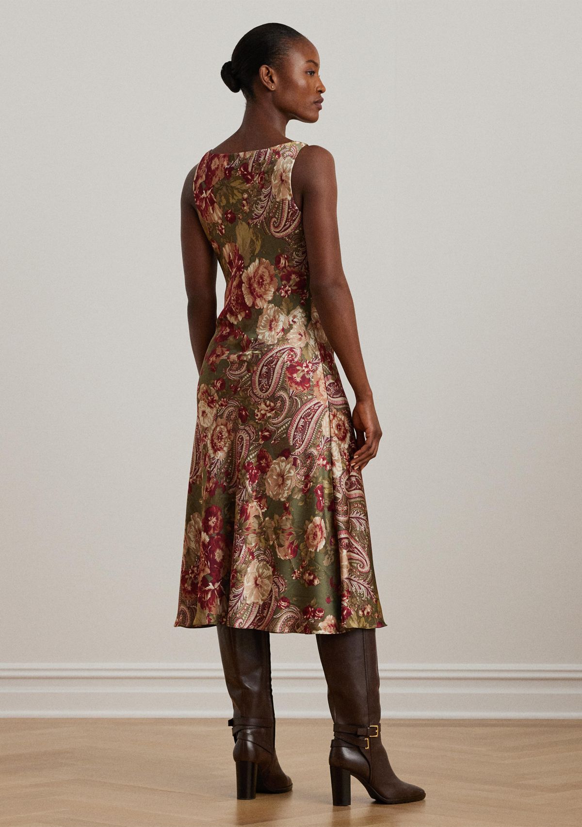 Floral Satin Charmeuse Sleeveless Dress