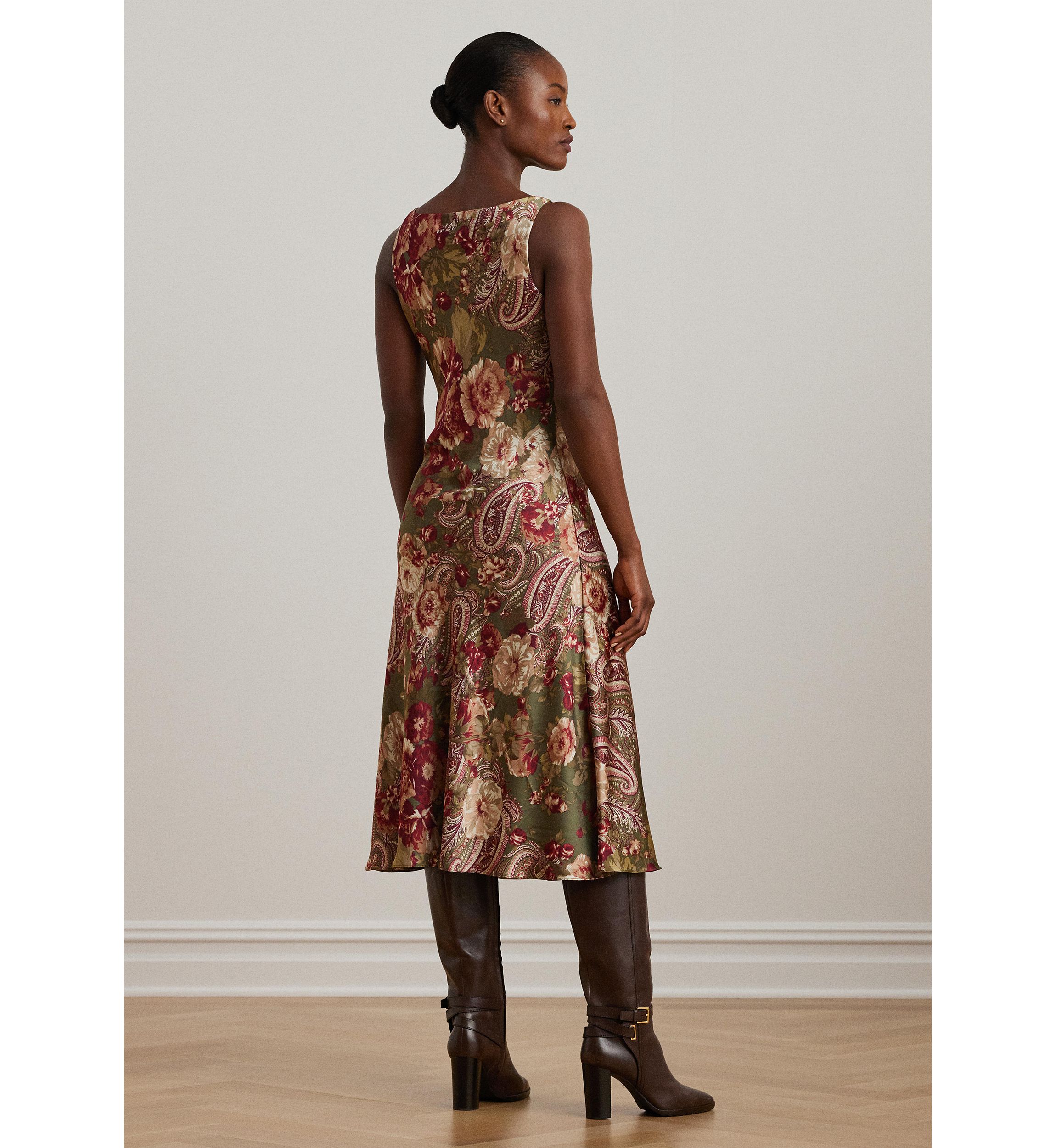 Floral Satin Charmeuse Sleeveless Dress