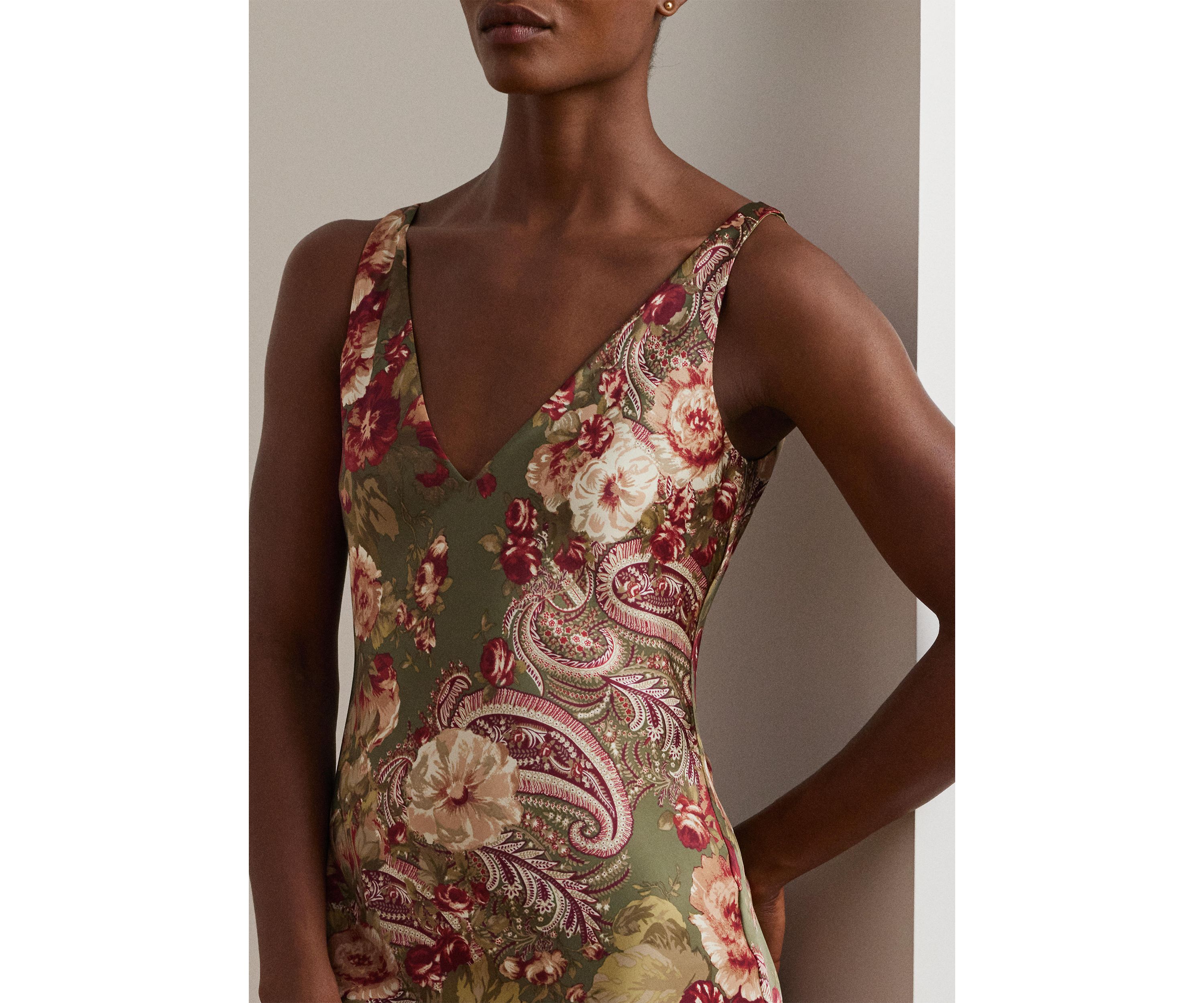 Floral Satin Charmeuse Sleeveless Dress