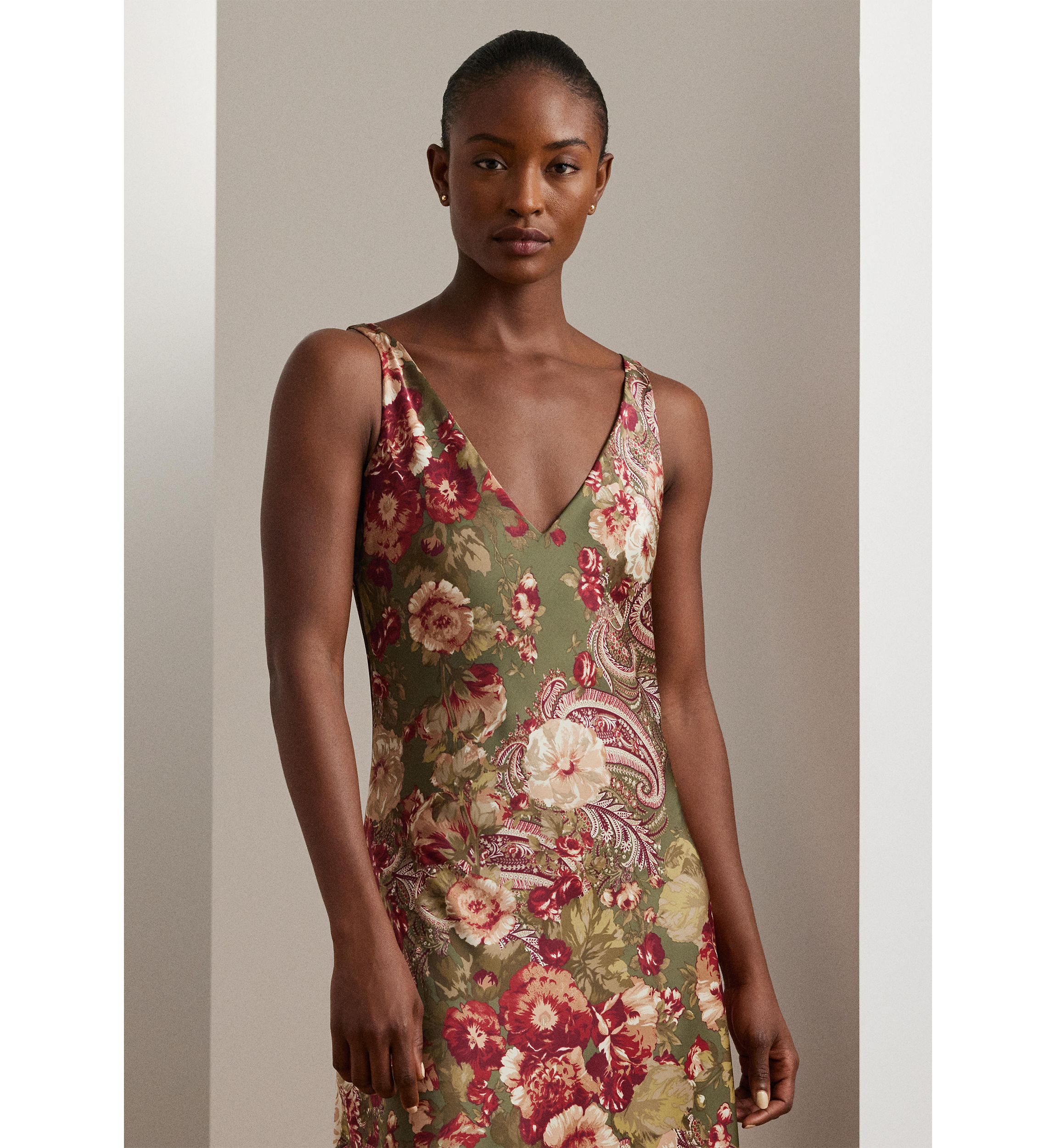 Floral Satin Charmeuse Sleeveless Dress