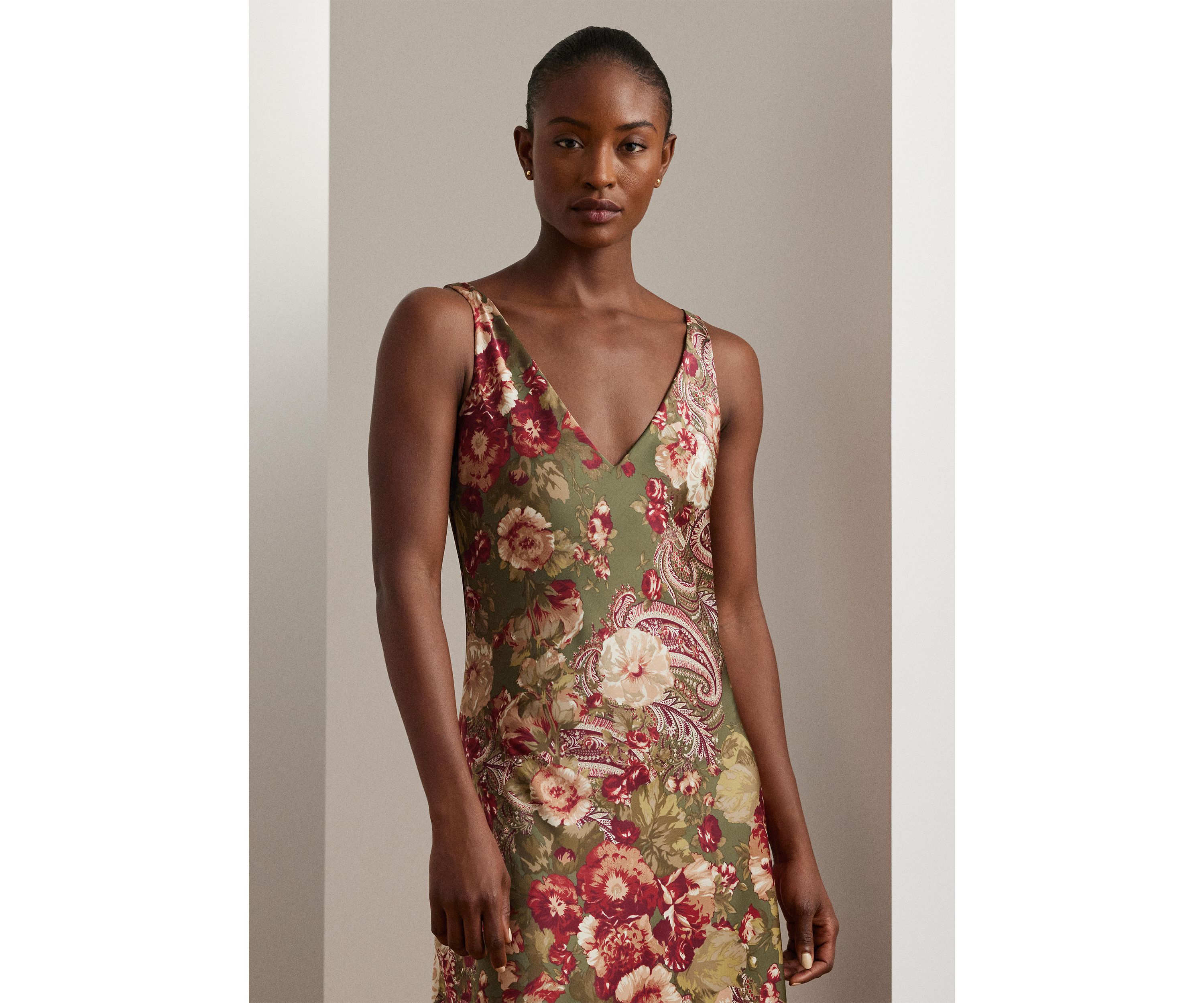 Floral Satin Charmeuse Sleeveless Dress