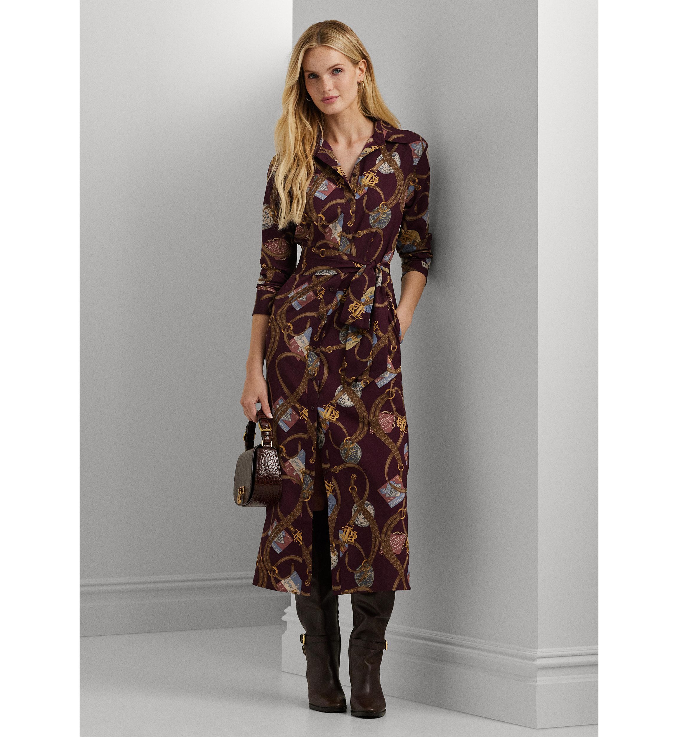 Belting Print Crepe Shirtdress