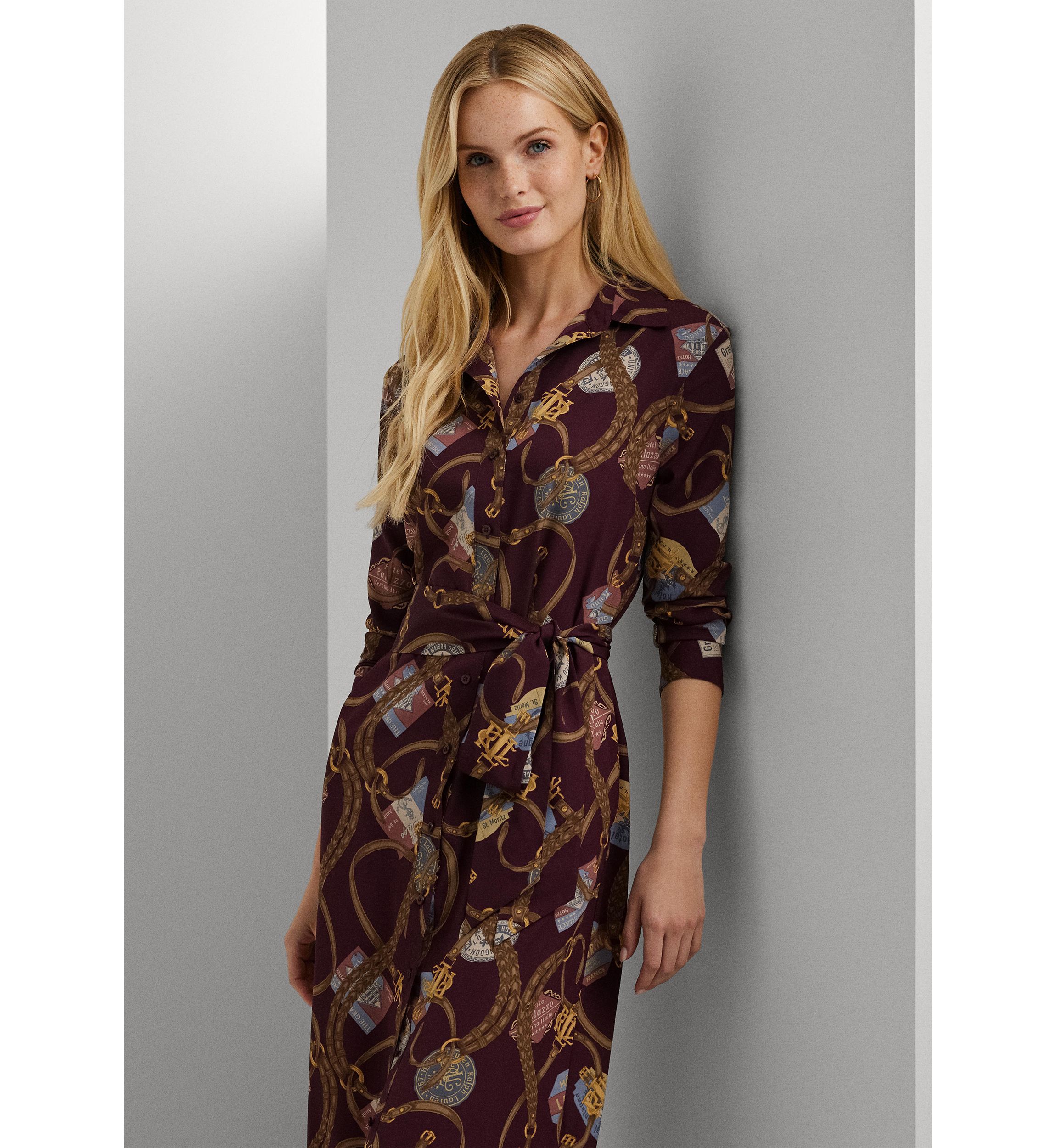 Belting Print Crepe Shirtdress