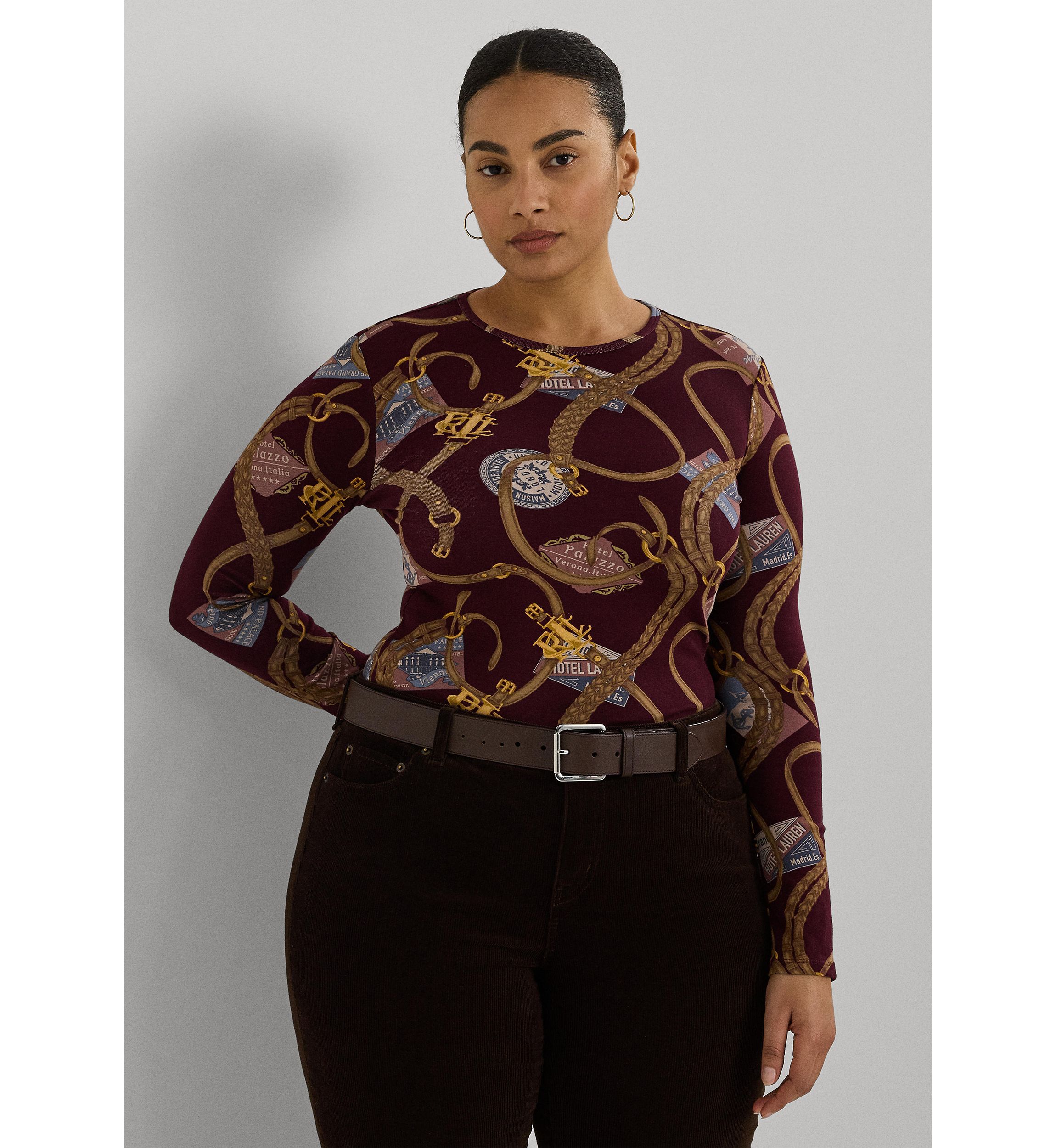 Plus Size Belting Print Cotton Long Sleeve T-Shirt