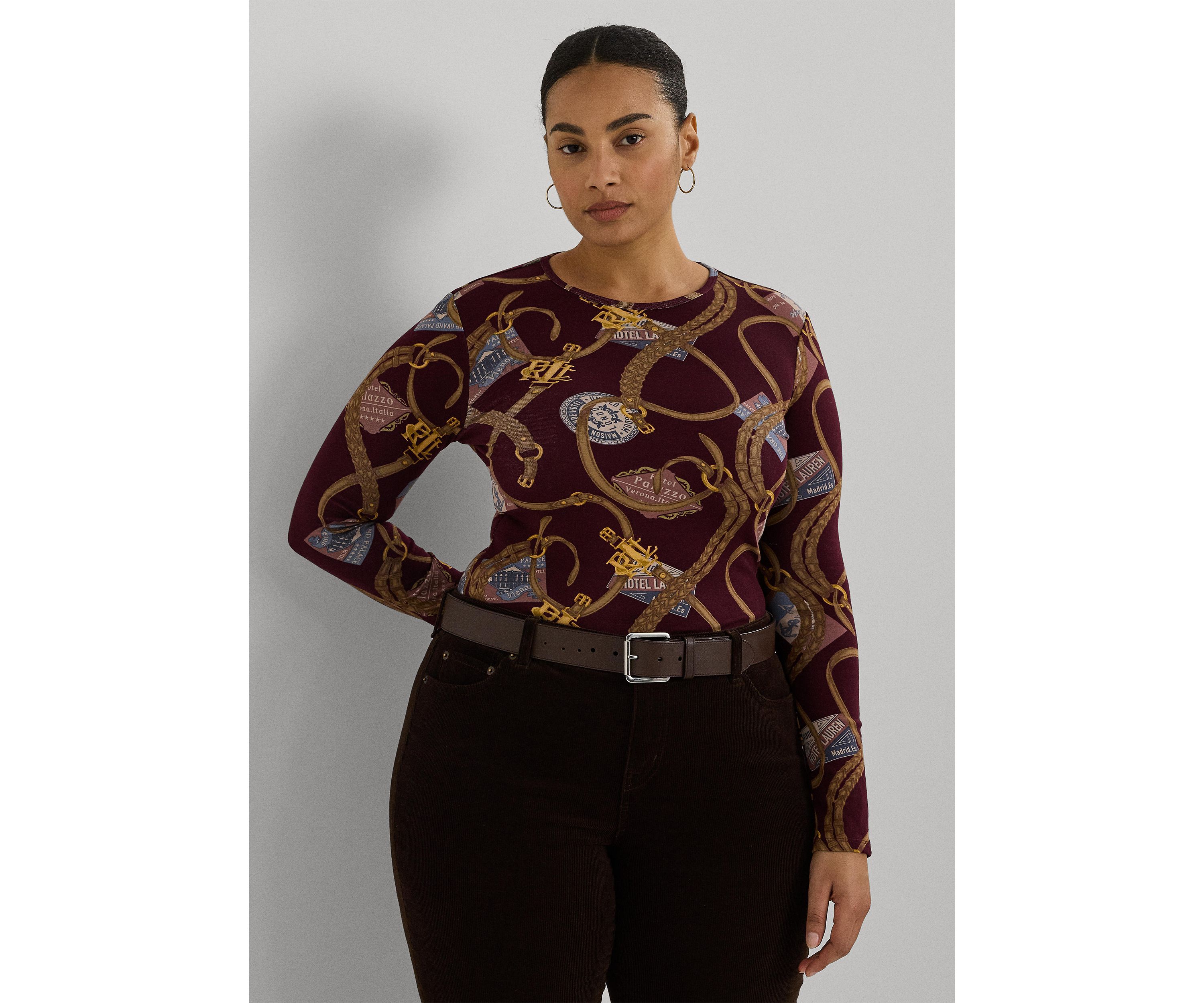 Plus Size Belting Print Cotton Long Sleeve T-Shirt