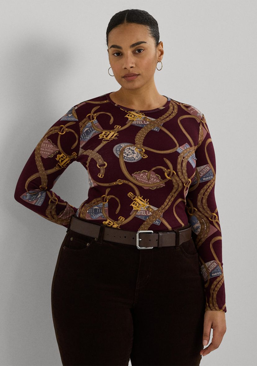 Plus Size Belting Print Cotton Long Sleeve T-Shirt