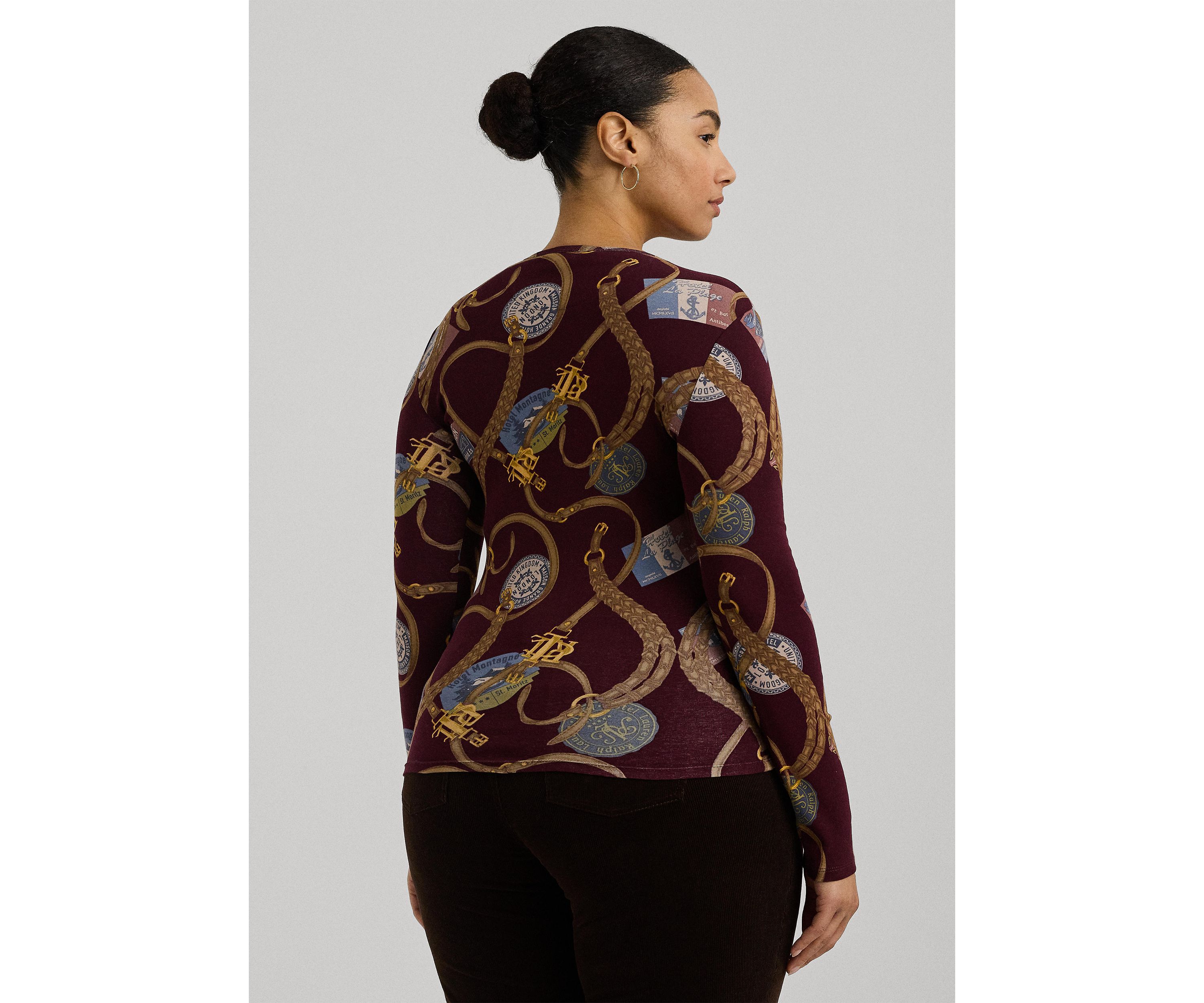 Plus Size Belting Print Cotton Long Sleeve T-Shirt