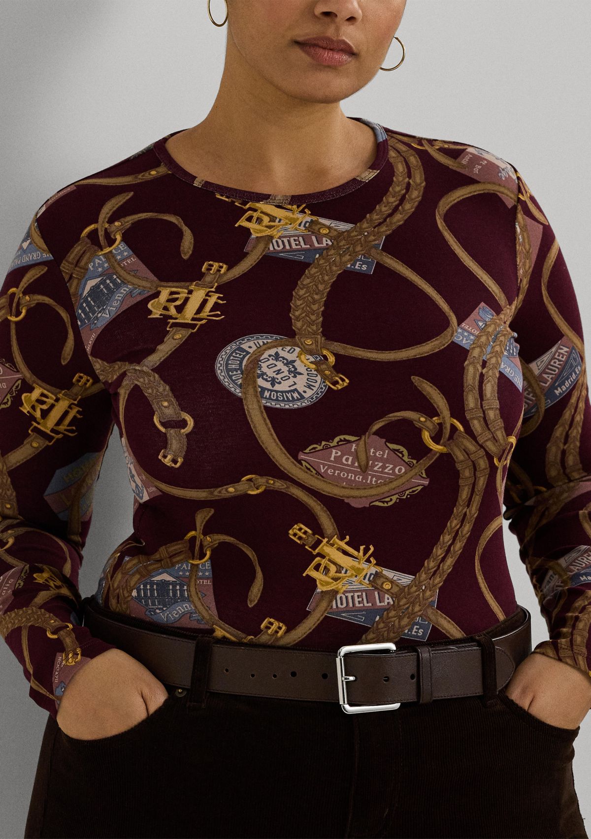 Plus Size Belting Print Cotton Long Sleeve T-Shirt